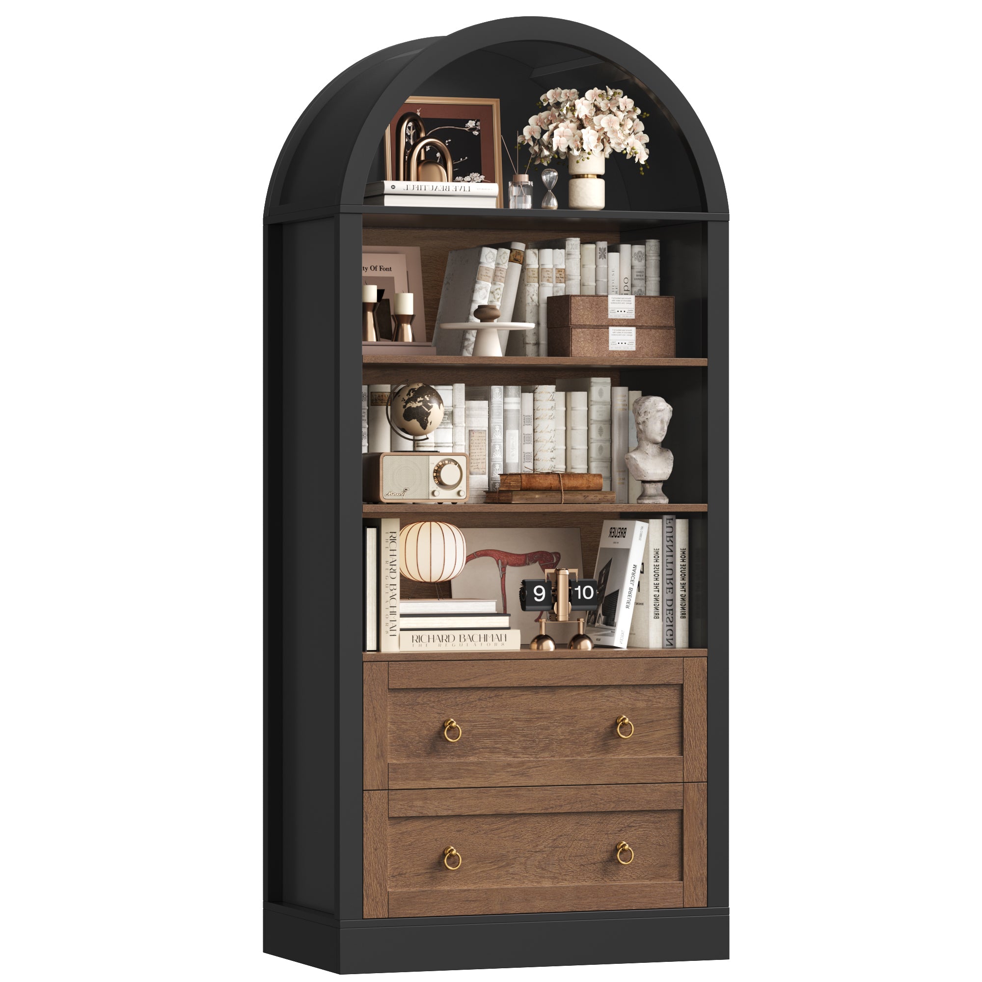 Hiphuta 70"Tall Arched Bookshelf, 4-Tier Bookcase with 2 Large Drawers, Wooden Display Shelf with Storage for Living Room Home Office, Black & Oak