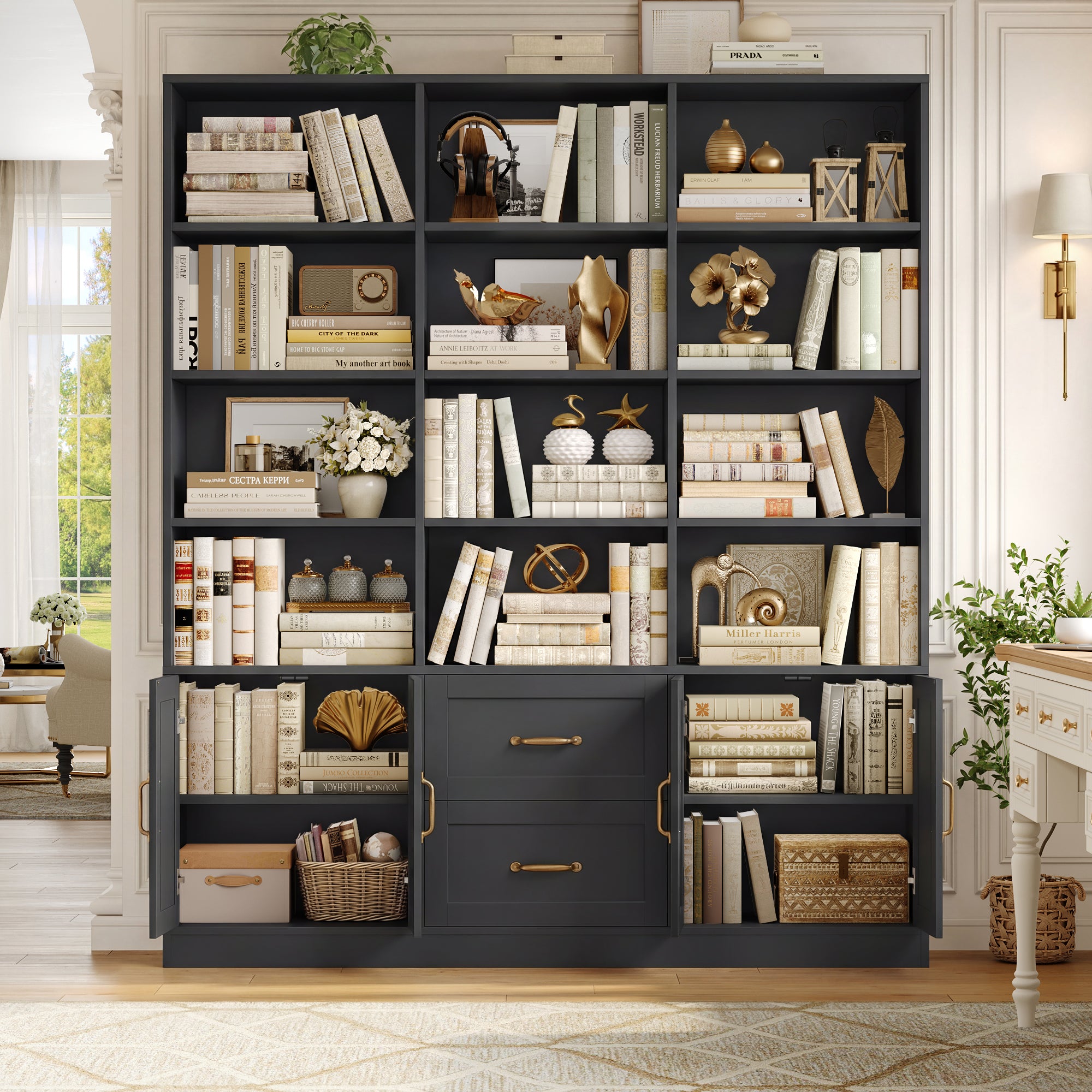 Hiphuta Triple Row 4-tier Bookcase, Large Bookcase with 4 Doors and 2 Drawers, Modern Minimalist Bookcase for Office Living Room, Black