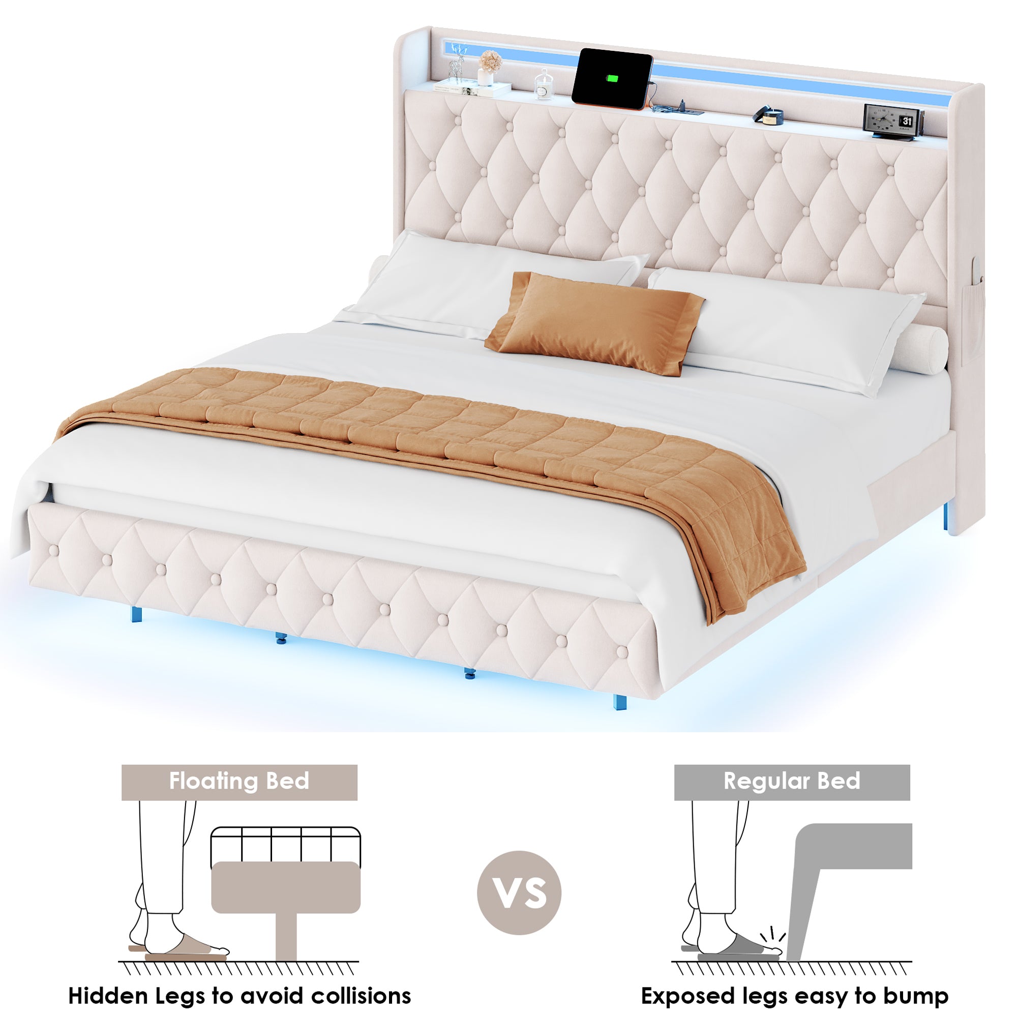 Hiphuta Queen Size Floating Bed Frame with LED Lights, Velvet Leather Platform Bed with Charging Station & Button Tufted Headboard Storage, No Box Spring Needed, White