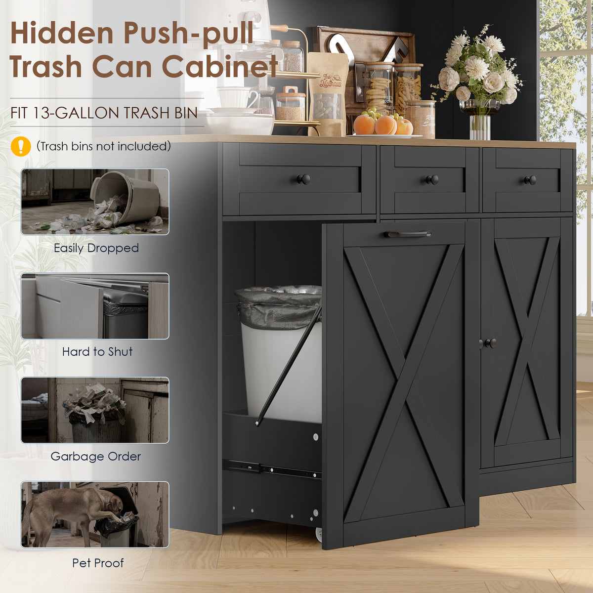 Hiphuta 73” Tall Kitchen Pantry Cabinet Fits 13 Gallon Trash Can Cabinet, Farmhouse Kitchen Storage Hutch with Pull Out Trash Can Storage for Dining Room Living Room, Black