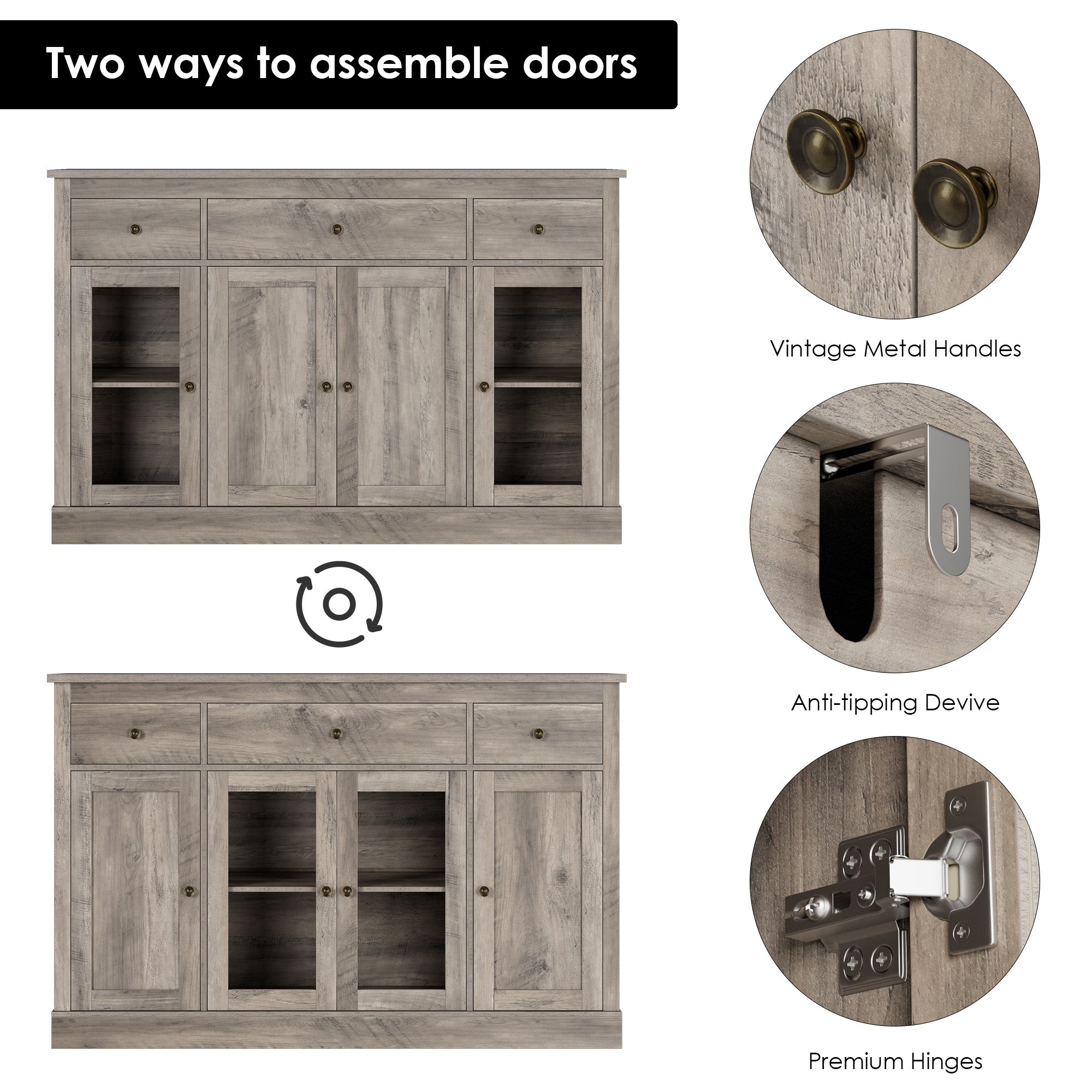 Hiphuta 55” Large Buffet Sideboard, Farmhouse Wood Credenza Cabinet with 3 Drawers & 2 Glass Doors, Rustic Brown