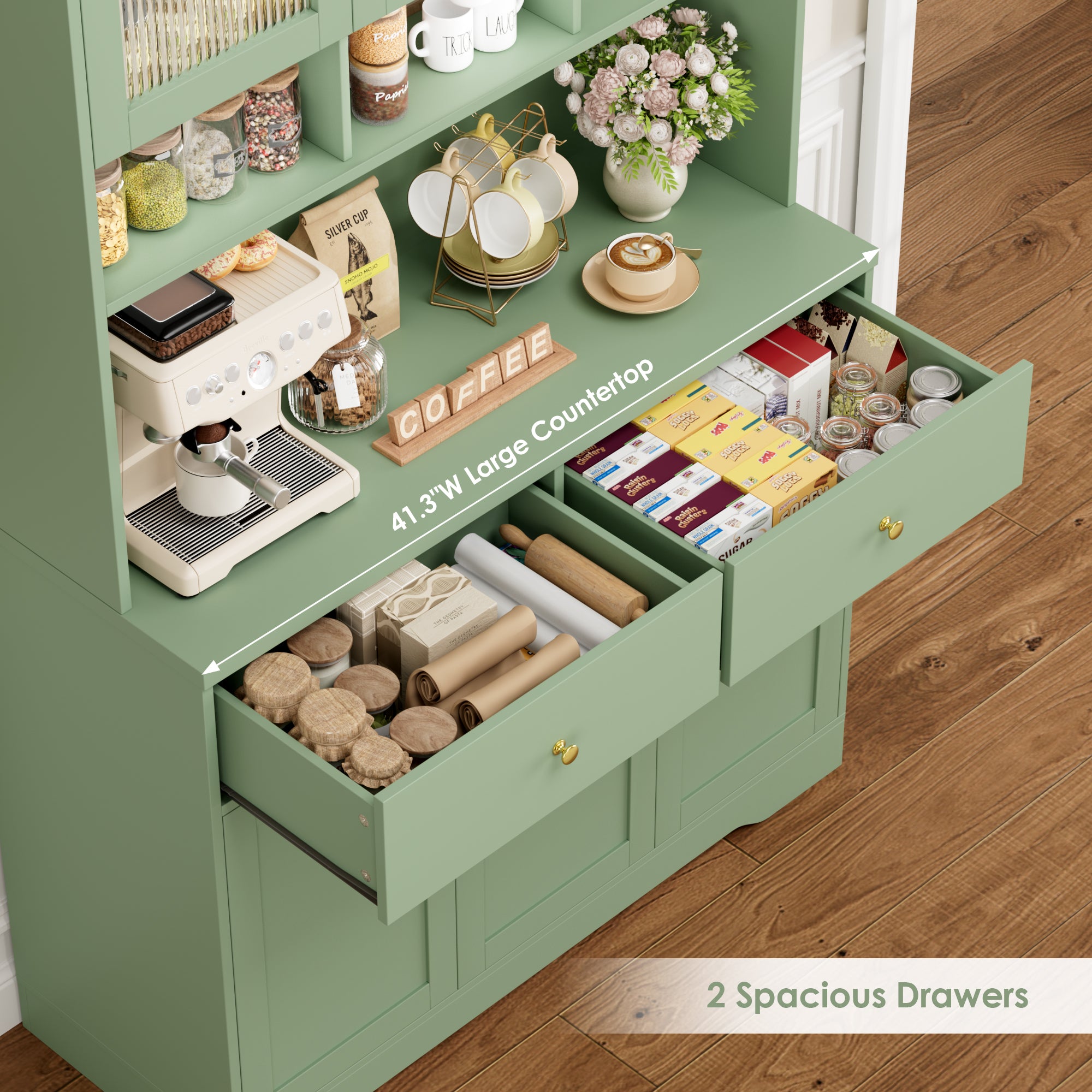 Hiphuta 71"in Modern Kitchen Pantry Storage Cabinet, Freestanding Kitchen Hutch Cabinet with Adjustable Shelves & Microwave Stand, Modern Coffee Hutch for Dining Room, Green