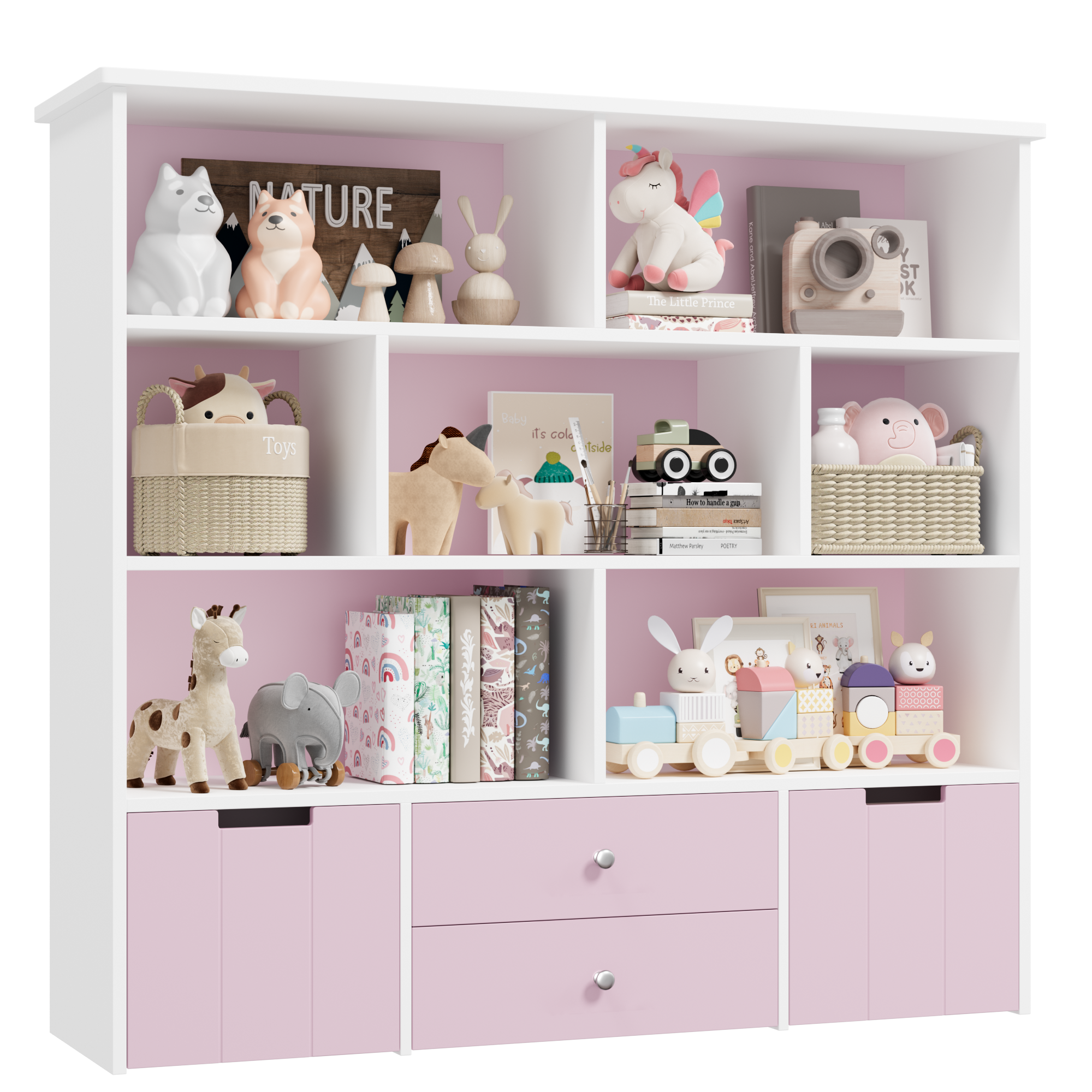 Hiphuta Kid's Toy Storage Organizer, Wood Toy Cabinet of 7 Cubes & 4 Drawers, Bookshelf for Kids Bedroom, Pink