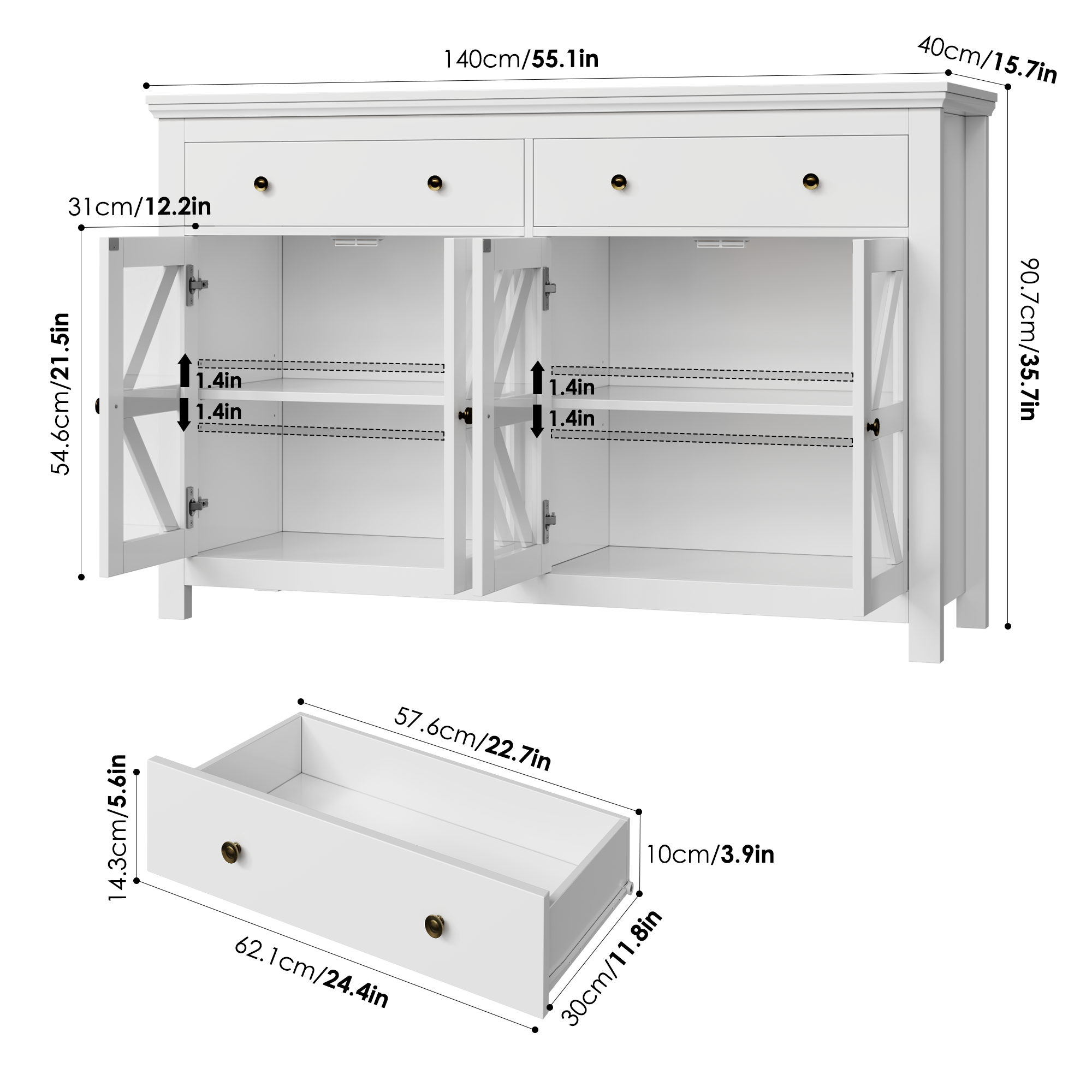 Hiphuta 55”Large Modern Buffet Sideboard, Kitchen Pantry Storage Cabinet with Glass Doors &amp; 2 Drawers, White