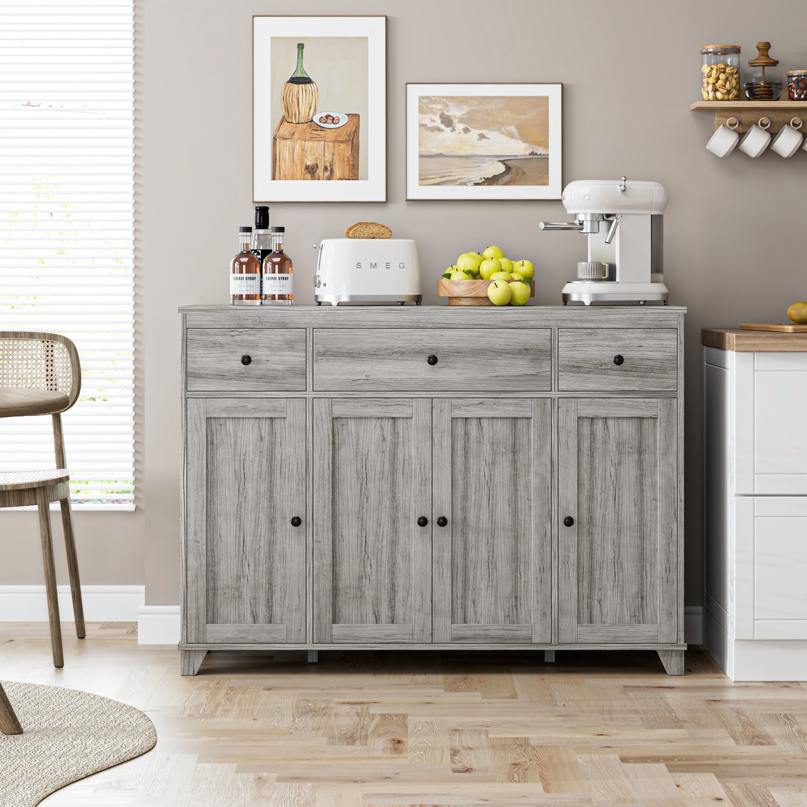 Hiphuta 47.2"W Buffet Sideboard, Wooden Storage Cabinet with 3 Drawers & 4 Doors, Wide Buffet Cabinet, Gray