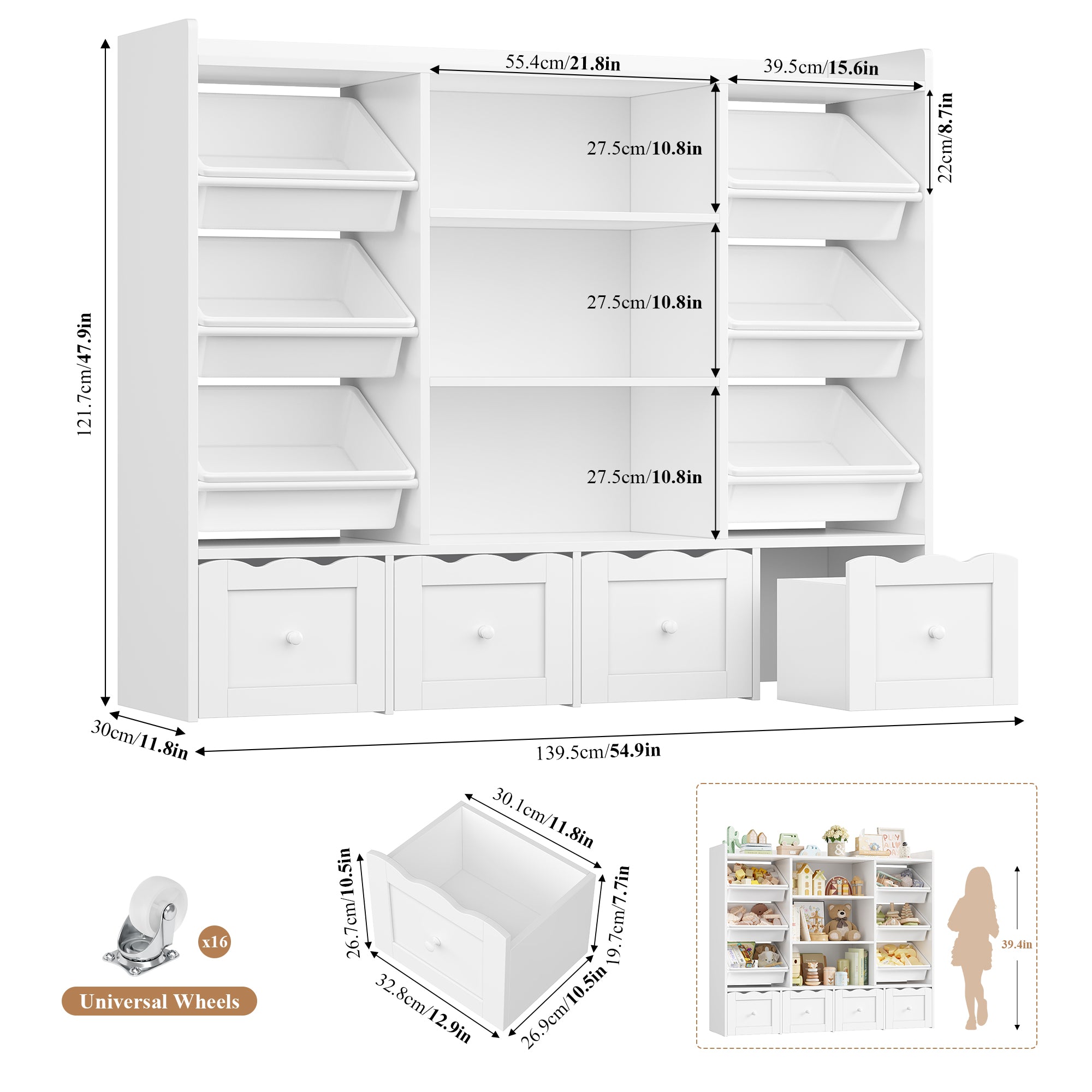 Hiphuta 55" Wide Toy Storage Organizer with 4 Removable Drawers, 4-Tier Kid Bookcase with 6 Bins, Toy Organizer with Bookcase for Kid Bedroom Playroom, White