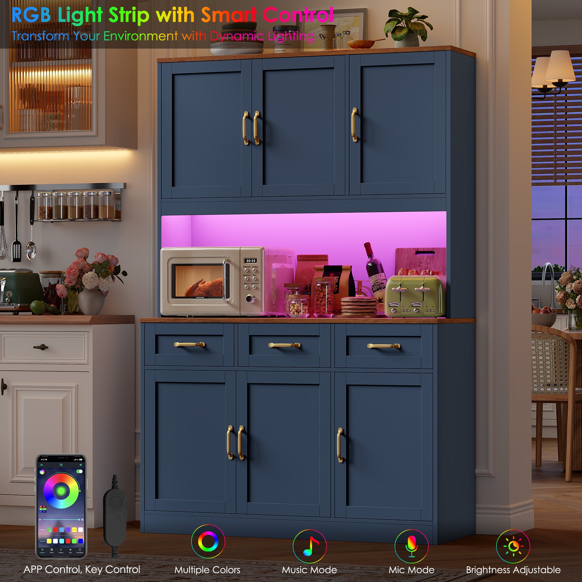 Hiphuta 72" Tall Kitchen Pantry Storgae Cabinet with RGB LED, Hutch Cabinet with Charging Station and Adjustable Shelves for Dining Room, Blue