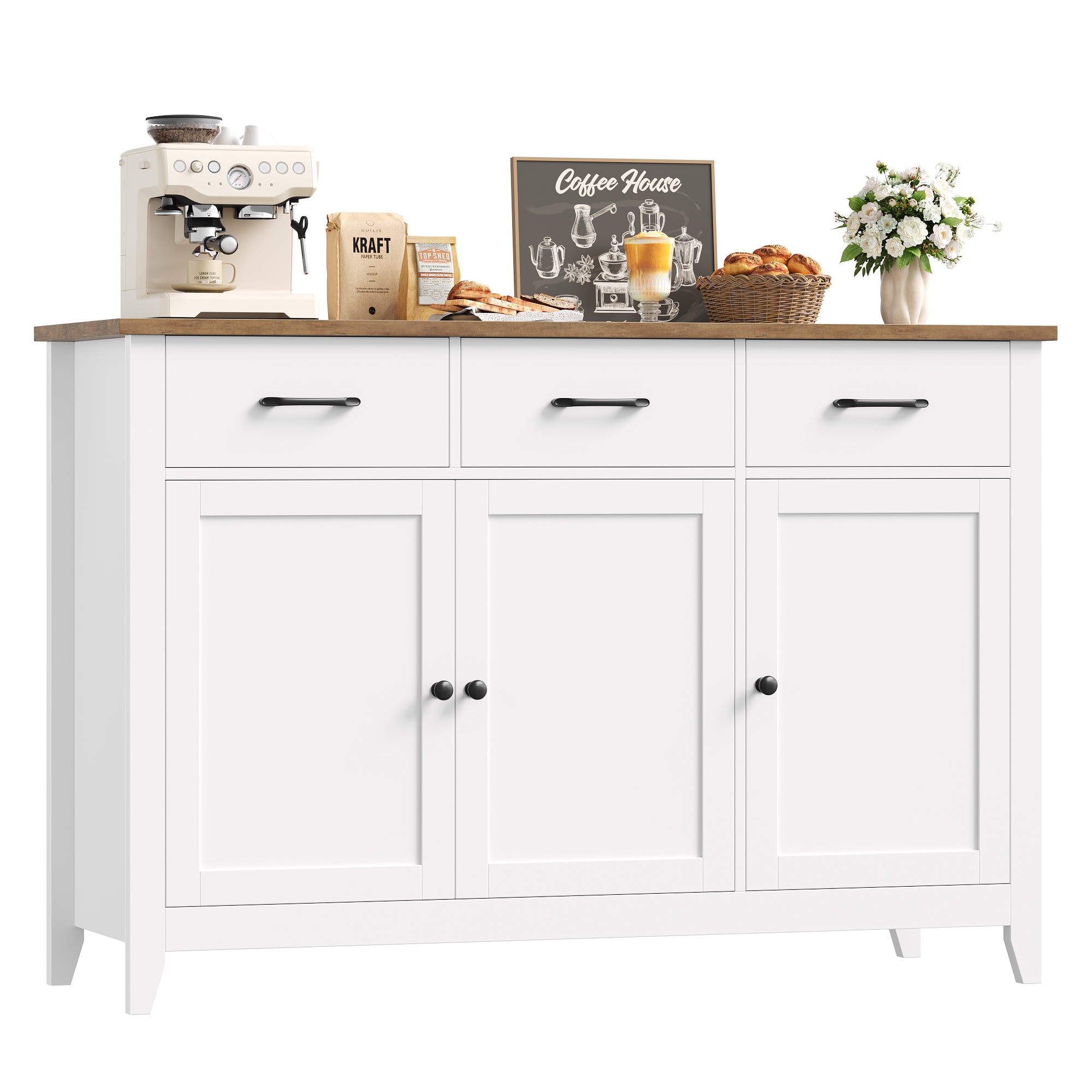 Hiphuta 47"W Buffet Cabinet with Adjustable Shelf, Modern Farmhouse Coffee Bar with 3 Drawers and Sturdy Base for Small Space and Living Room, White