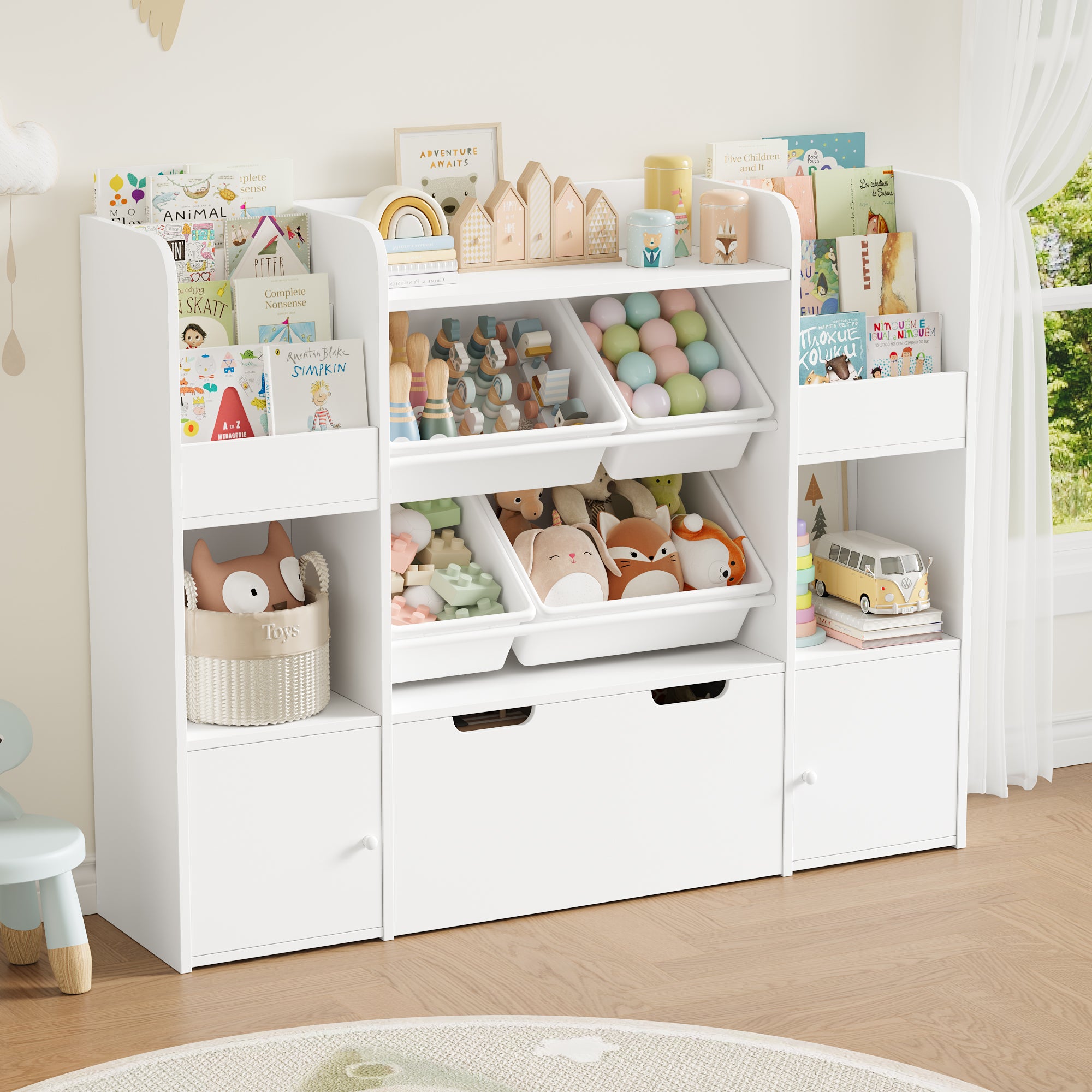 Hiphuta Kid Storage Toy Organizer, Wood Toy Storage Organizer with 4 Toy Boxes, Kids Bookcase with Book Rack, White