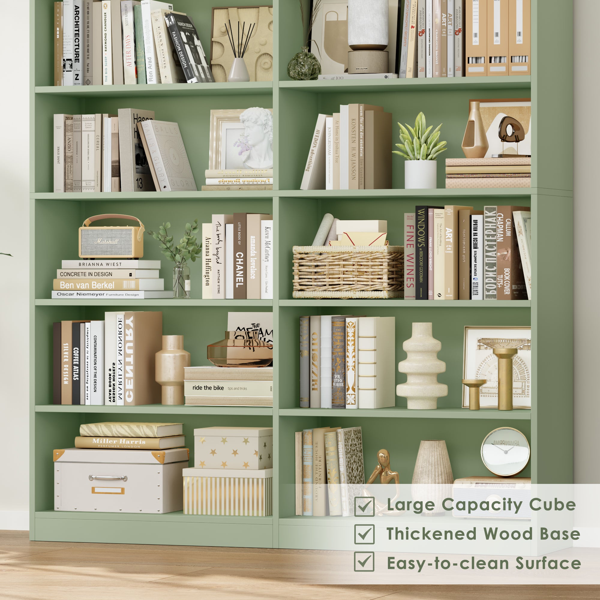 Hiphuta 84"H Wooden Double 7-Tier Tall Bookcase, Standard Bookcase for Living Room and Office, Freestanding Display Storage Shelves, Green