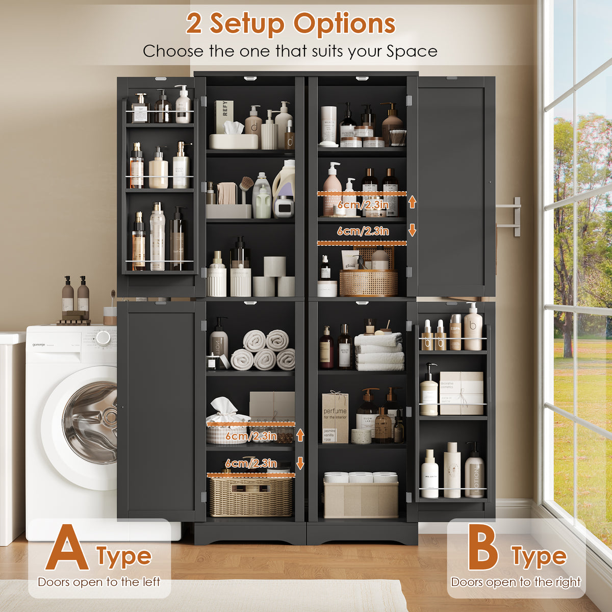 Hiphuta 71" Tall Narrow Bathroom Storage Cabinet, Slim Bathroom Storage Tower with Adjustable Shelves & Door Shelves, Narrow Cabinet with Doors for Small Spaces, Black