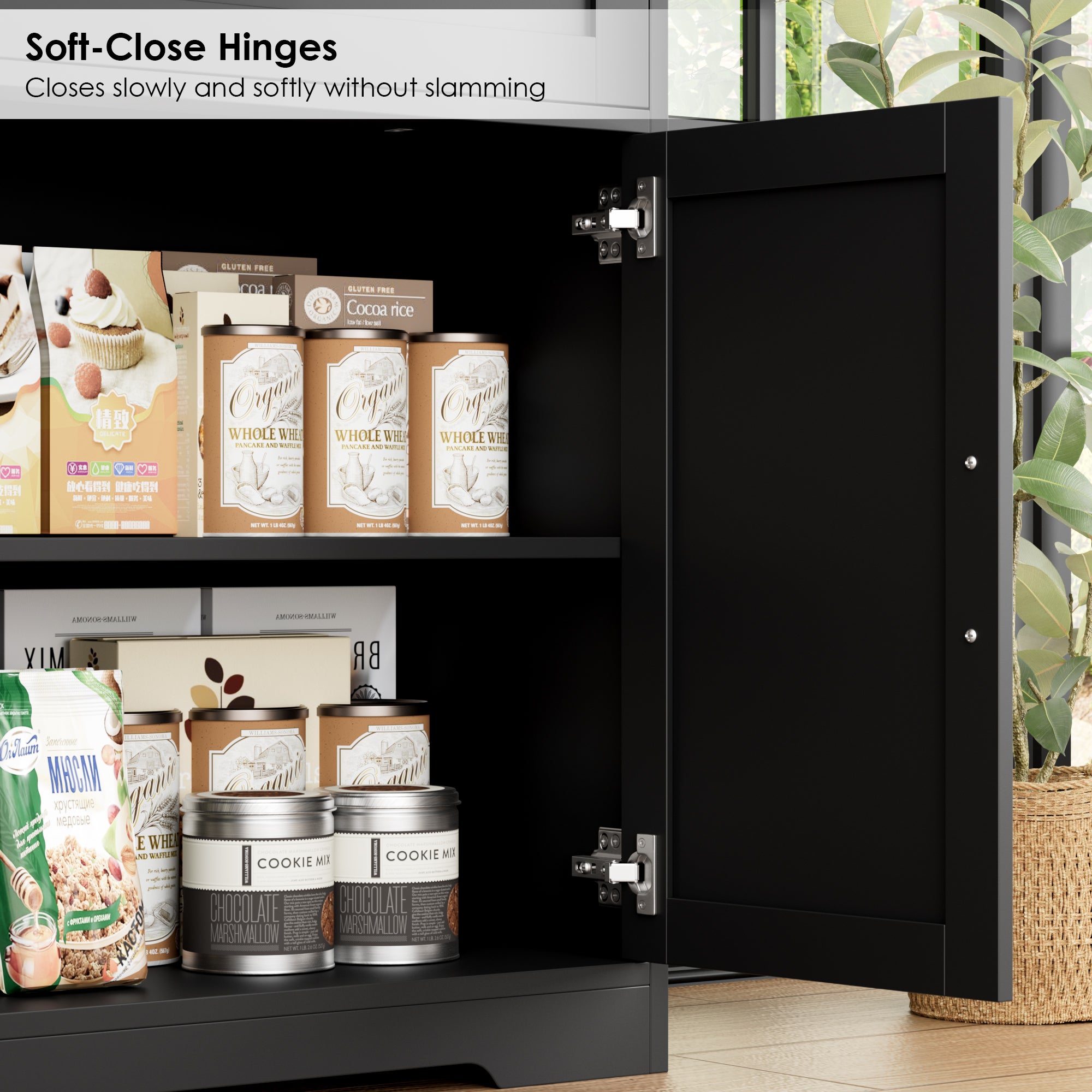 Hiphuta 71" Farmhouse Kitchen Pantry Storage Cabinet, Modern Coffee Hutch with Doors, Shelves & Microwave Stand, Cupboard for Dining Room, Black