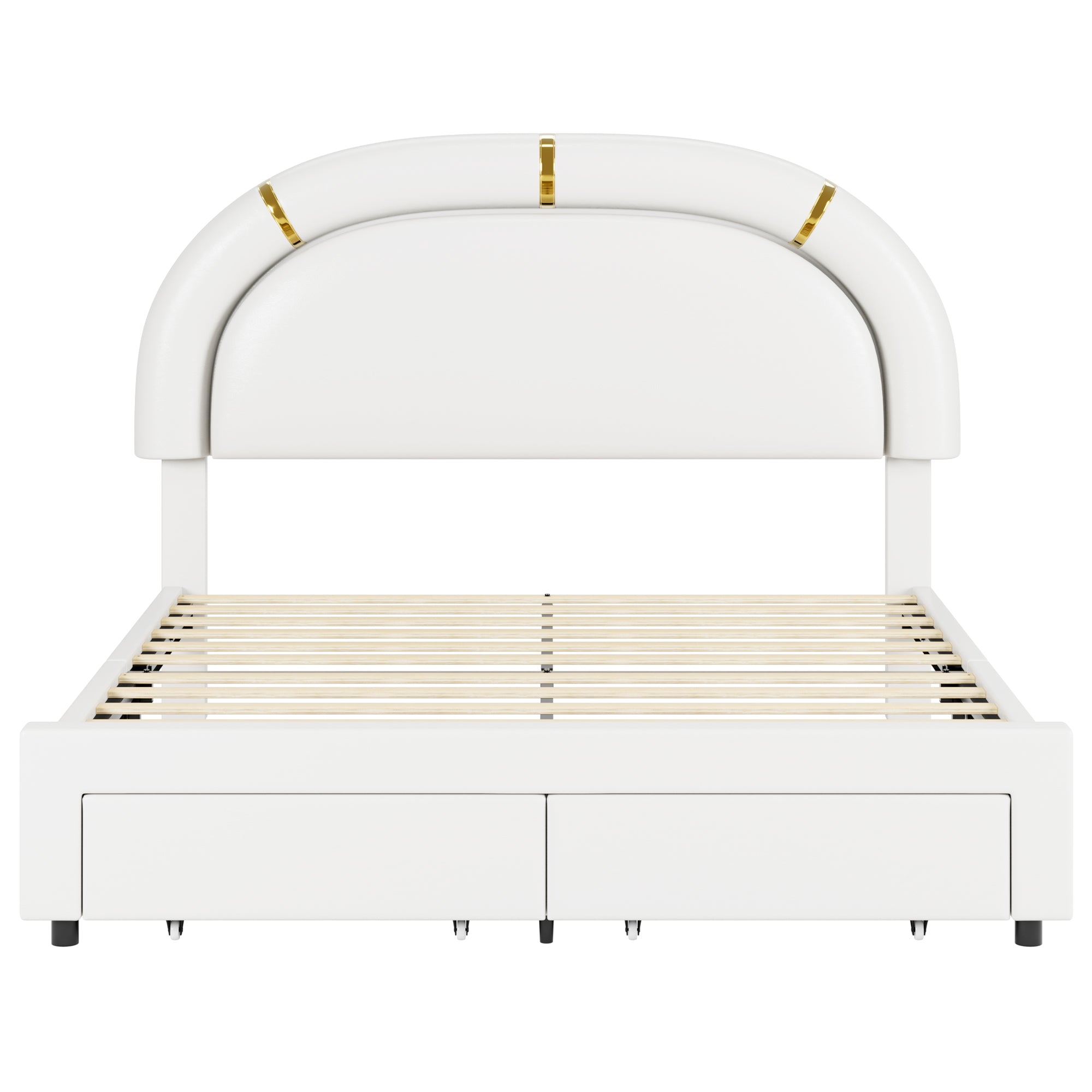 Hiphuta Queen Kids Bed Frame with 2 Storage Drawers, LED Bed with Adjustable Headboard, Modern PU Upholstered, White