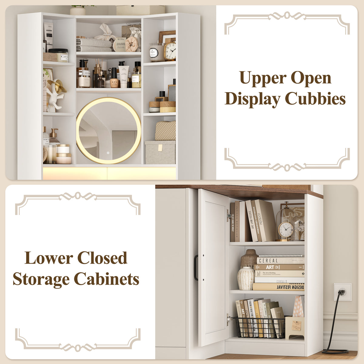 Hiphuta 71" Tall Corner Bookcase with Pull-out Storage Rack, LED Corner Bookshelves with Door and Desktop, and Corner Vanity Cabinet for Home Office Bedroom, White