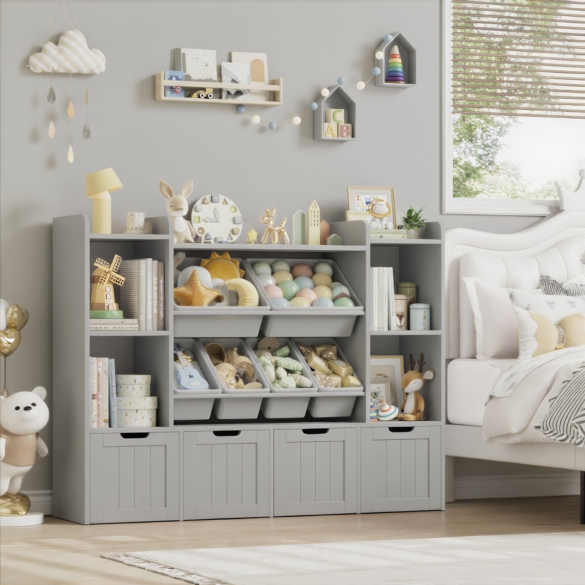 Hiphuta 3 Tier Kids Bookcase with Toy Storage Organizer, Wood Toy Organizer of 6 Boxes & 4 Removable Drawers, Gray