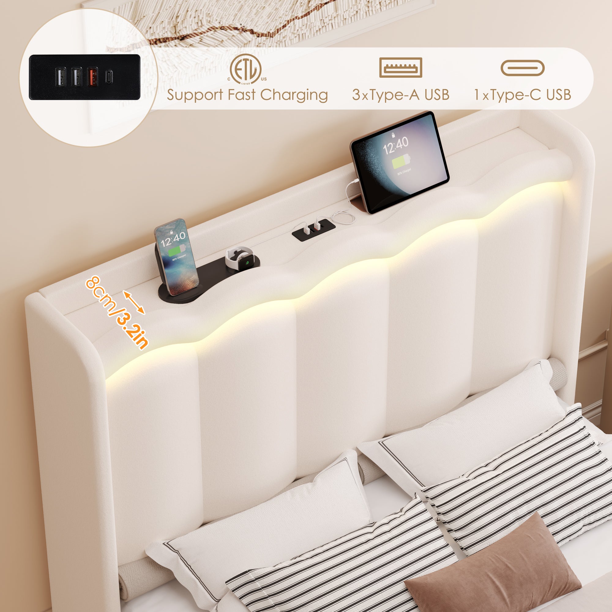 Hiphuta Full Size Bed with Power Outlet & LED, Upholstered Princess Beds with Drawer, Full Beds with Headboard Storage, Beige