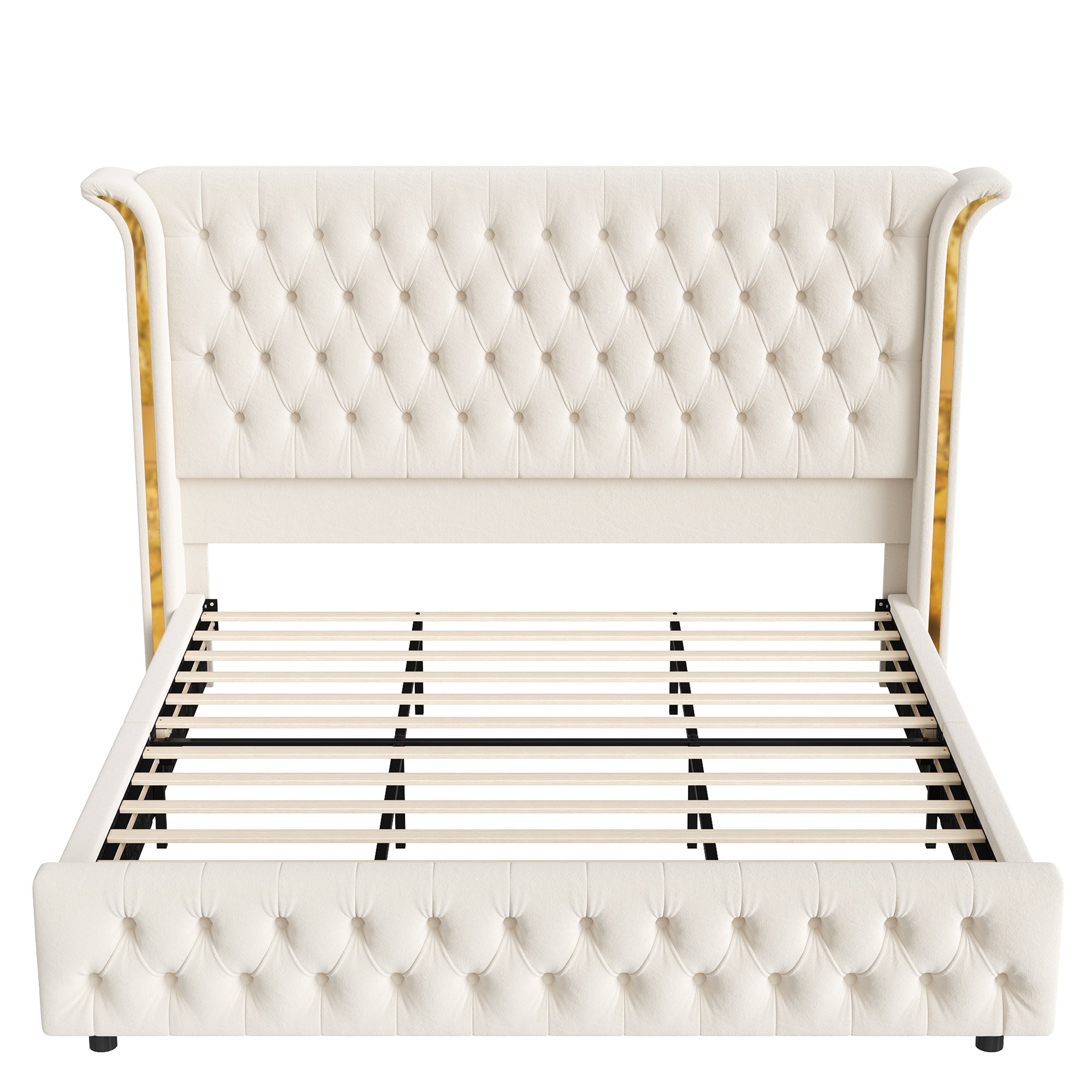 Hiphuta Queen Bed with LED Light, Cama Queen Platform Bed with Button Tufted Velvet Upholstered Headboard, White
