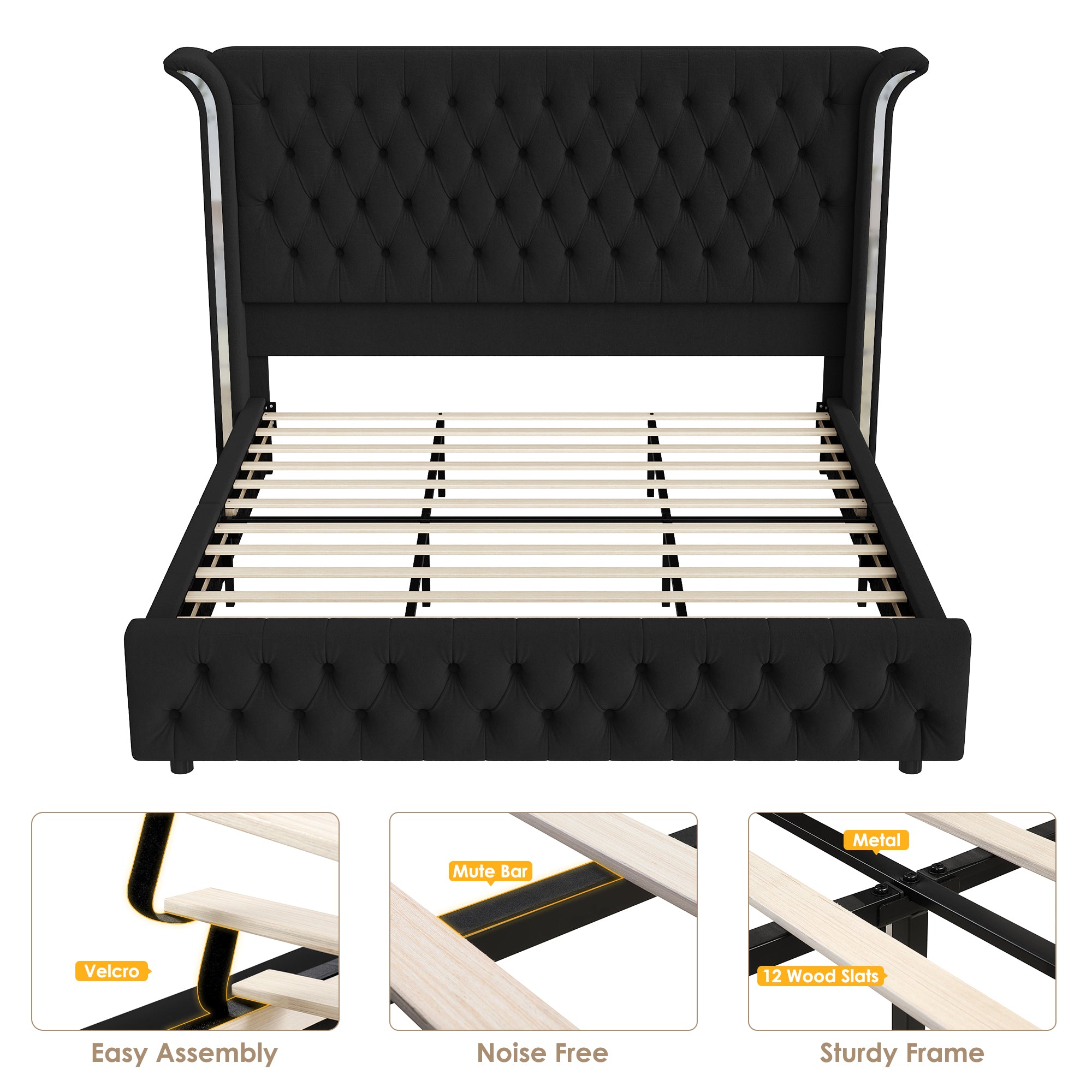 Hiphuta Queen Bed with LED Light, Cama Queen Platform Bed with Button Tufted Velvet Upholstered Headboard, Black