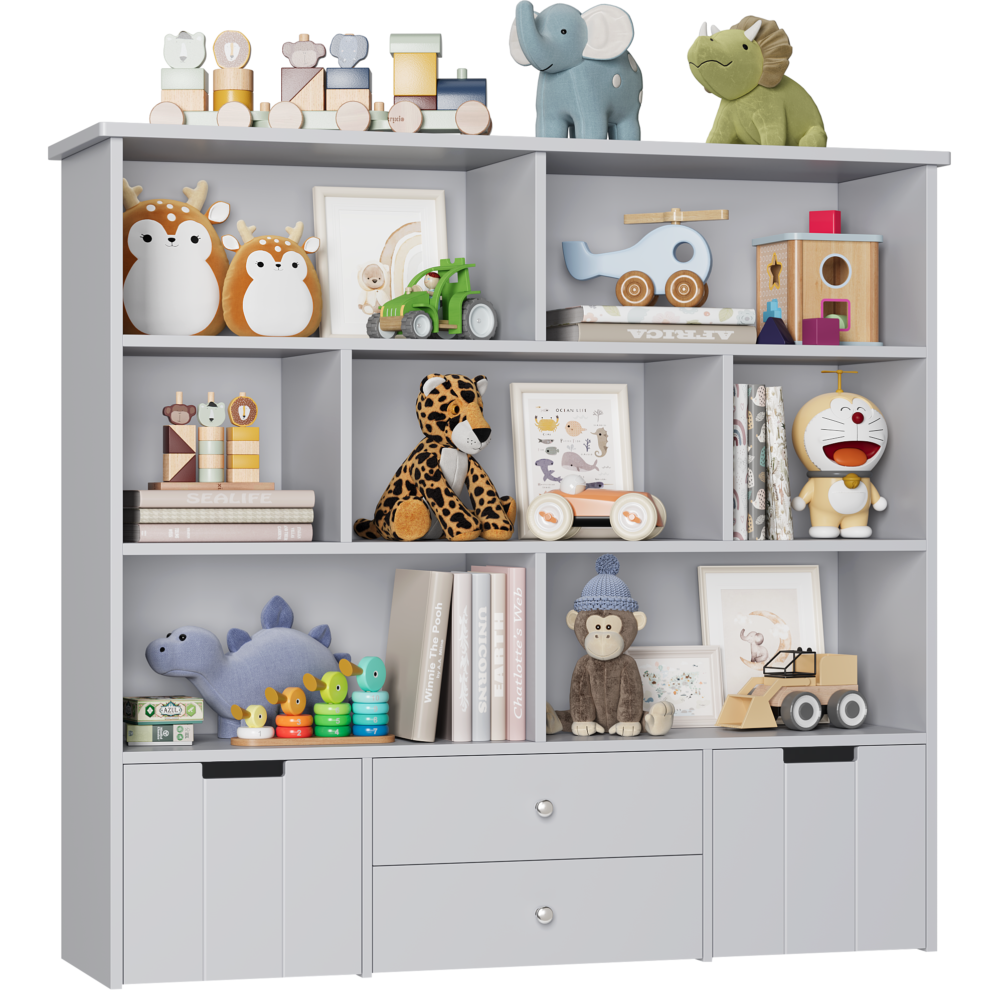 Hiphuta Kid's Toy Storage Organizer, Wood Toy Cabinet of 7 Cubes & 4 Drawers, Bookshelf for Kids Bedroom, Gray