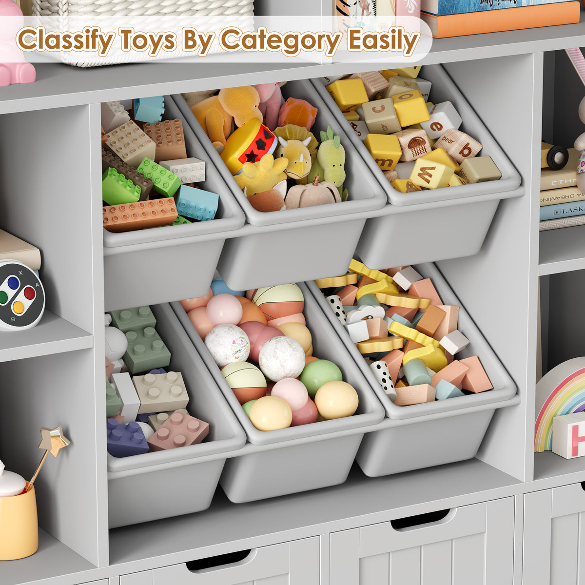 Hiphuta Large 4 Tier Kids Toy Organizer, Wood Toy Organizer of 6 Bins& 4 Removable Drawers, Children's Bookcase for Family Room, Gray