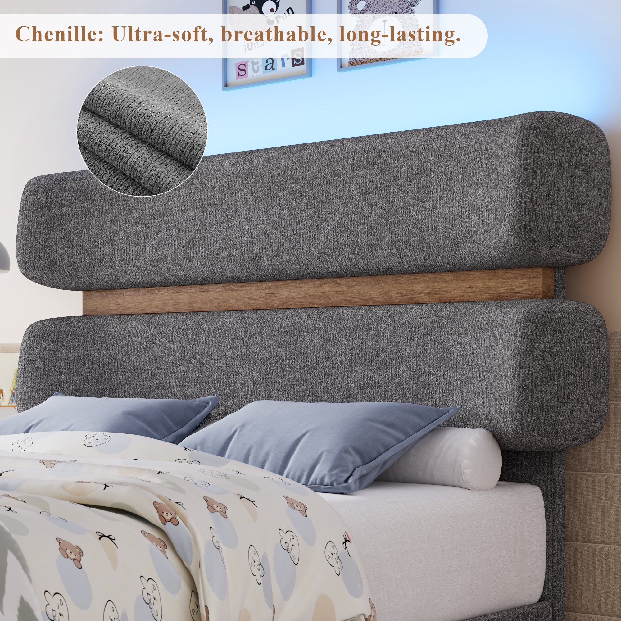 Hiphuta Chenille Twin Bed Frame, Twin Size Upholstered Beds with Storage Drawer and LED, Gray