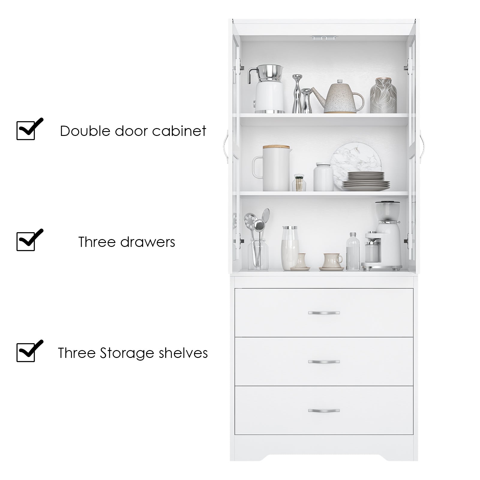 Hiphuta 66.5"H Kitchen Pantry Cabinet with Glass Doors, 3 Drawers & 3 Shelves, White