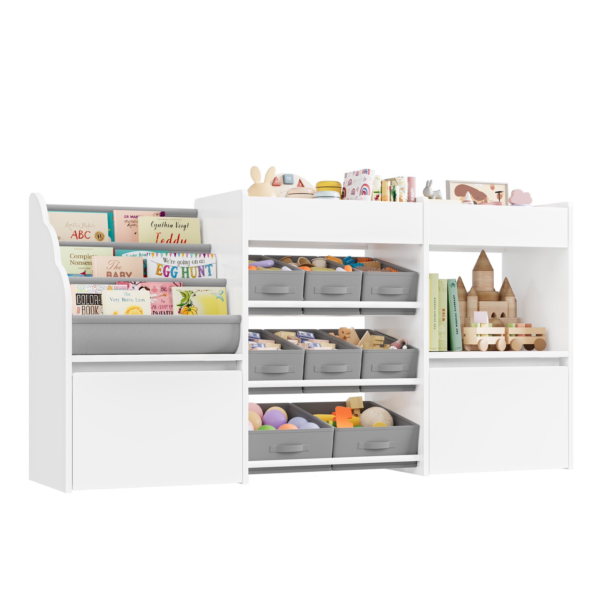 Hiphuta 62” Wide Kids Bookcase with Toy Storage Organizer, Wood Toy Organizer of 8 Fabric Boxes & 2 Removable Drawers, White