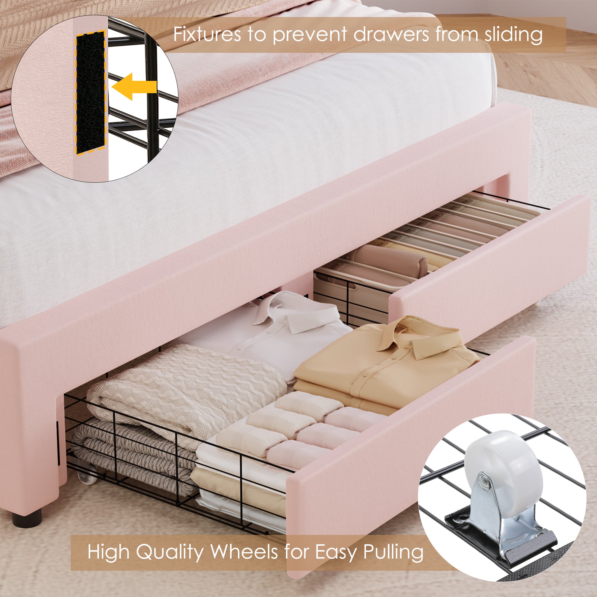 Hiphuta Kids LED Queen Bed with 2 Drawers, LED Lights Platform Bed Frame with Upholstered Tufted Headboard, No Box Spring Needed, Velvet Pink