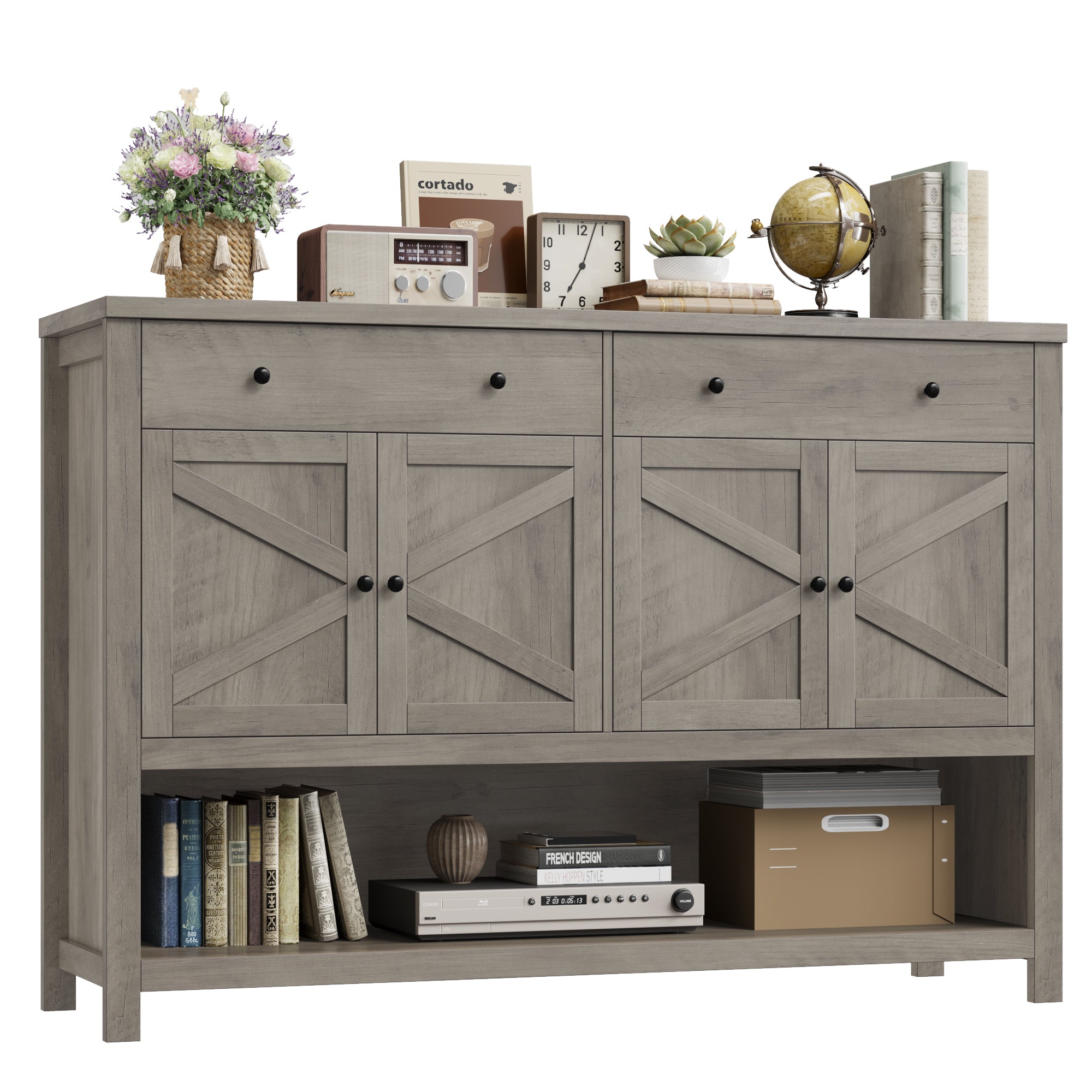 Hiphuta 55" Wide Console Table with 2 Drawers and 2 Double-Door Cabinet, Farmhouse Sideboard, Ash Gray