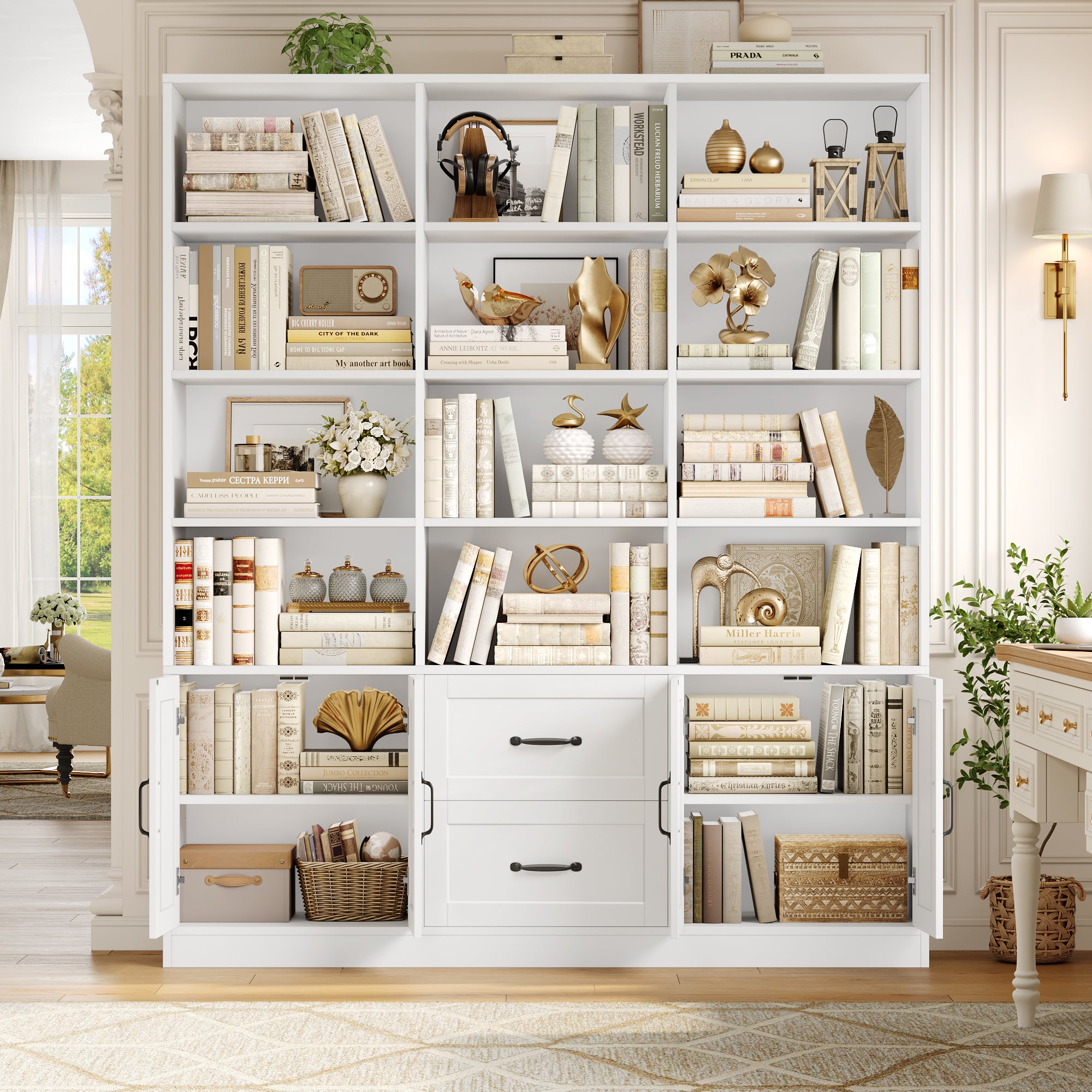 Hiphuta Triple Row 4-tier Bookcase, Large Bookcase with 4 Doors and 2 Drawers, Modern Minimalist Bookcase for Office Living Room, White