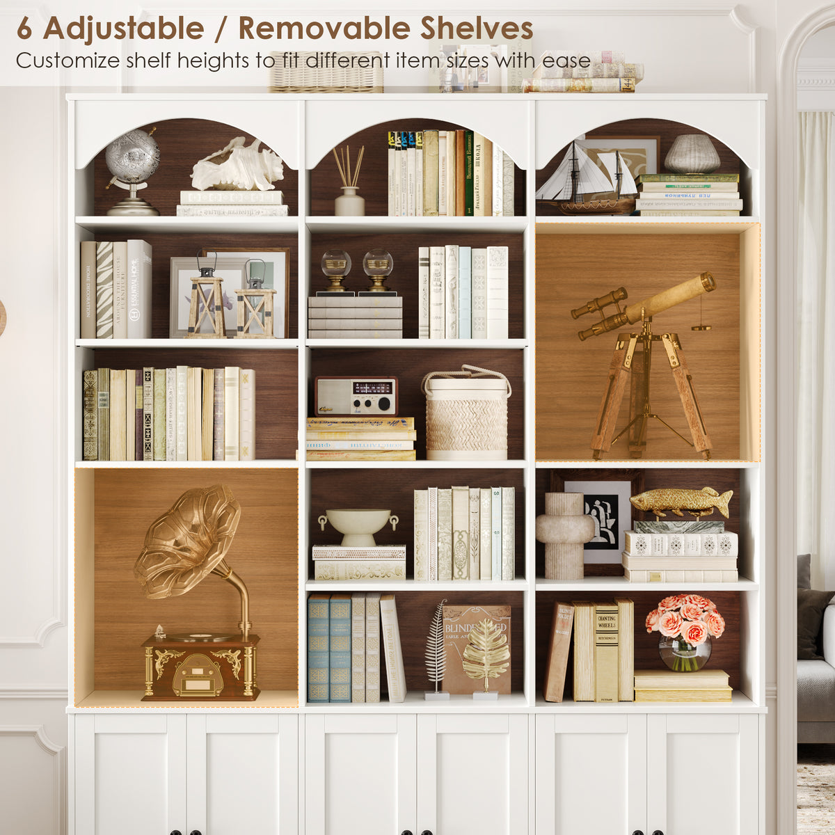 Hiphuta 78" Tall Triple Wide Bookcase with 6 Adjustable Shelves, Large Arched Book Shelf with 15 Cubes and 6 Doors, for Home Office Living Room, White & Walnut