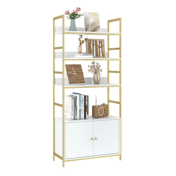 Hiphuta 4 Tier Standard Bookcase Shelf for Living Room, Bookshelf with Storage, White Gold