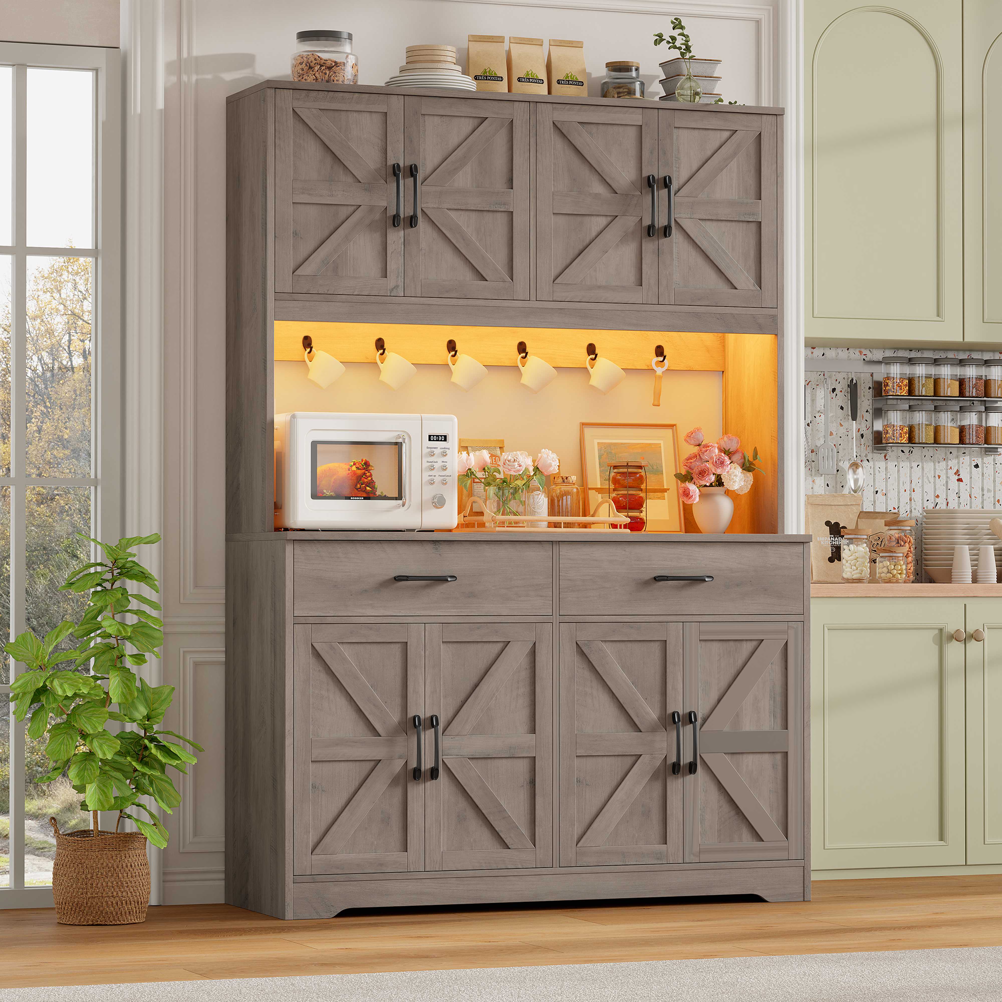 Hiphuta 71" Tall Kitchen Pantry Storage Cabinet with RGB LED and 6 Metal Hooks, Farmhouse Coffee Bar Cabinet with Charging Station, Buffet with Hutch and Microwave Stand, Gray