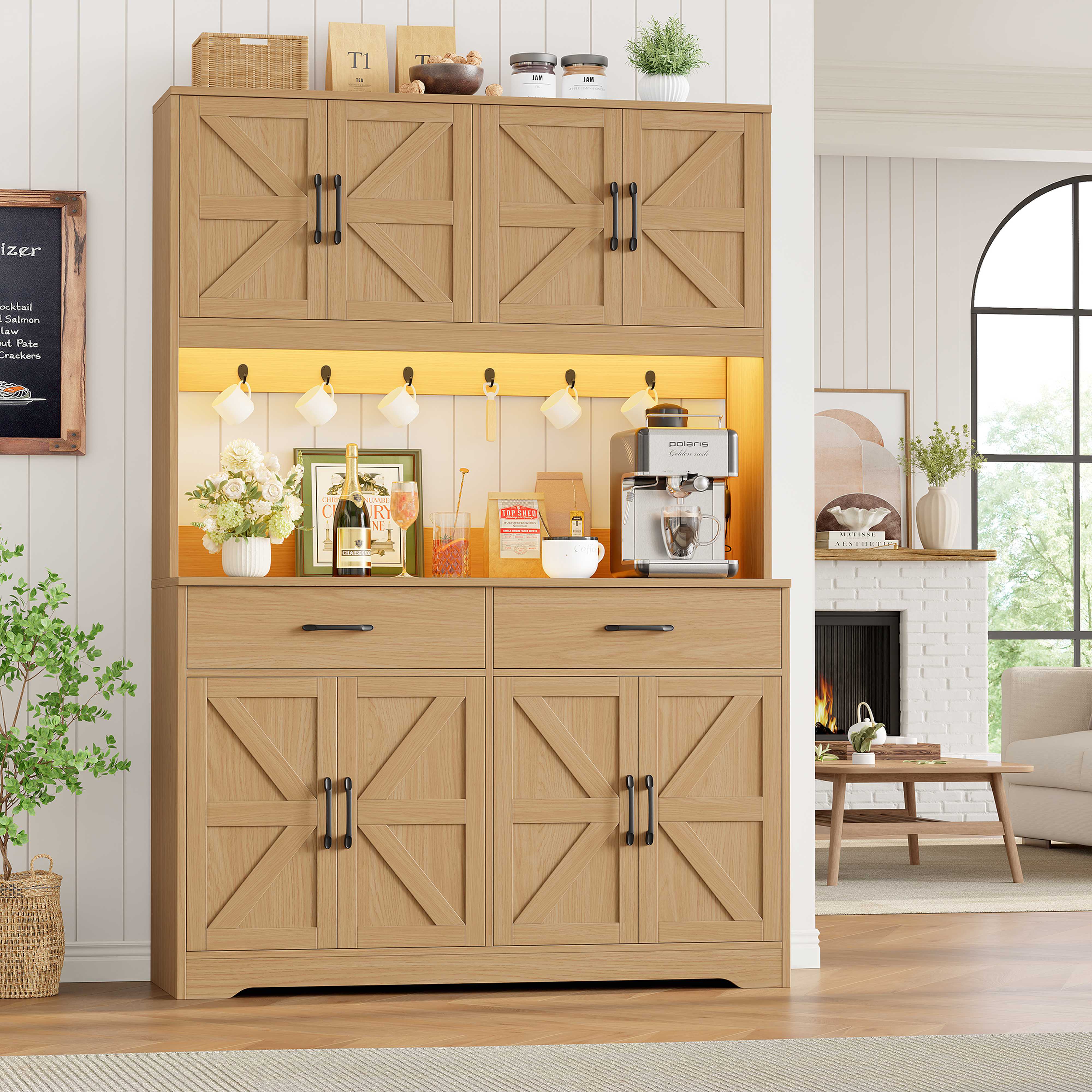 Hiphuta 71" Tall Kitchen Pantry Storage Cabinet with RGB LED and 6 Metal Hooks, Farmhouse Coffee Bar Cabinet with Charging Station, Buffet with Hutch and Microwave Stand, Light Oak