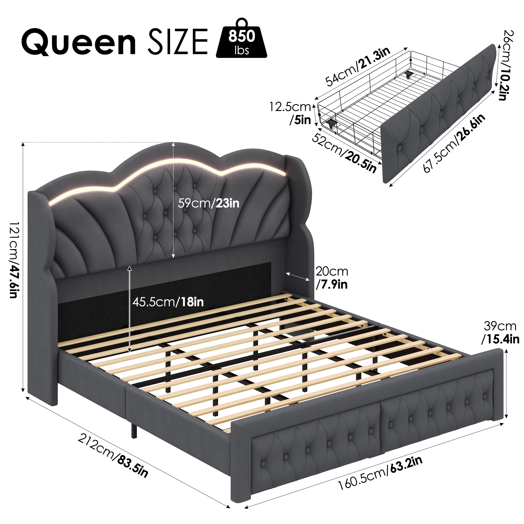 Hiphuta Queen LED Bed with 2 Drawers, LED Lights Platform Bed Frame with Upholstered Button Tufted Headboard, No Box Spring Needed, Velvet Gray