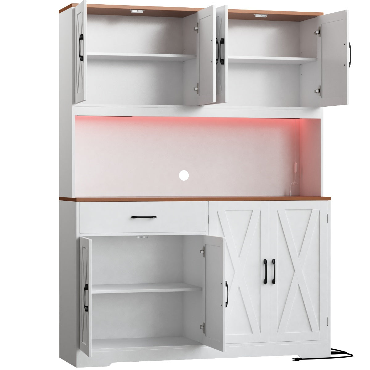 Hiphuta Large Kitchen Pantry Storage Cabinet with 8 Doors, Farmhouse Hutch Cabinet with RGB LED and Cup holders, White