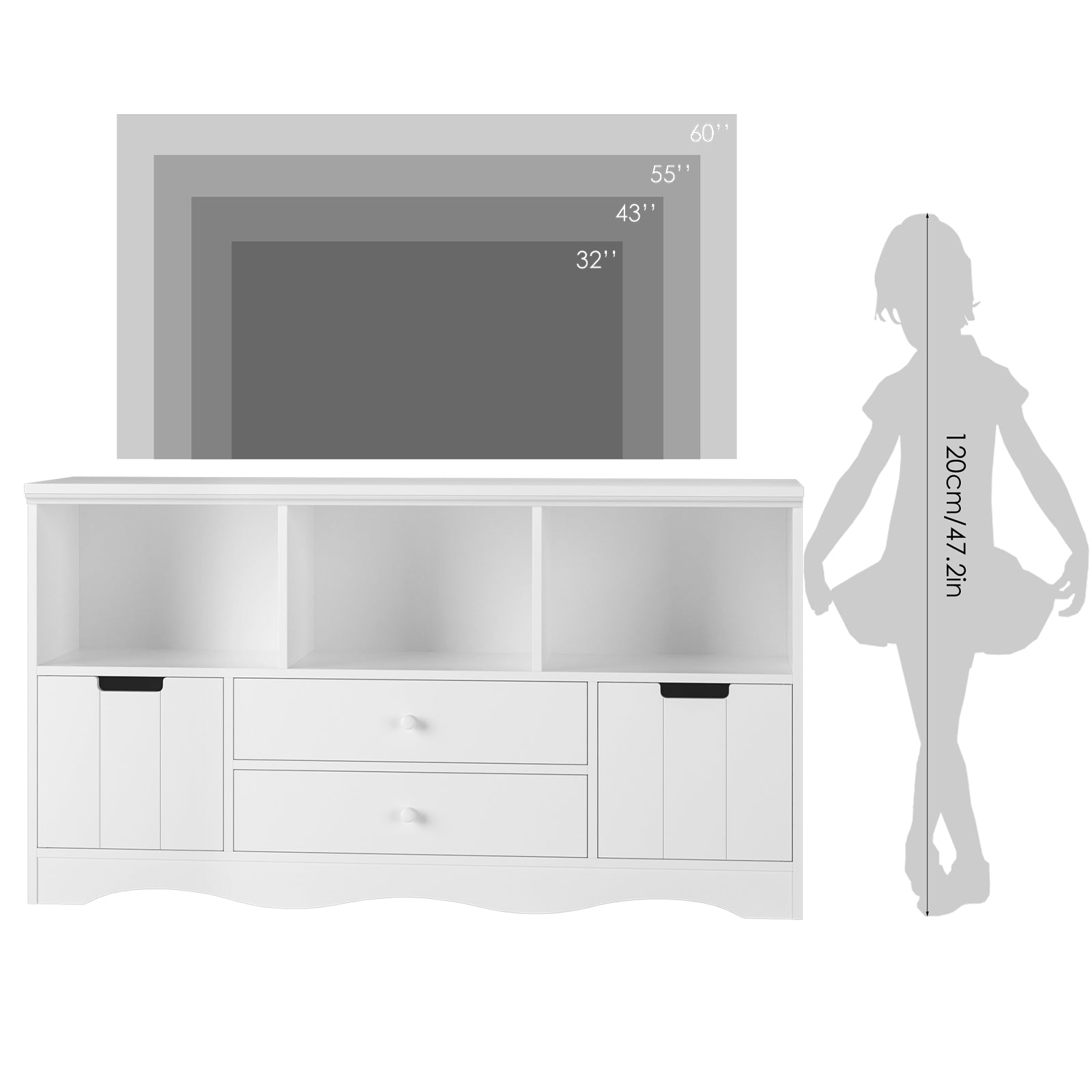 Hiphuta Wood Family TV Stand with 4 Drawers & 3 Cubes Storage for Living Room, White