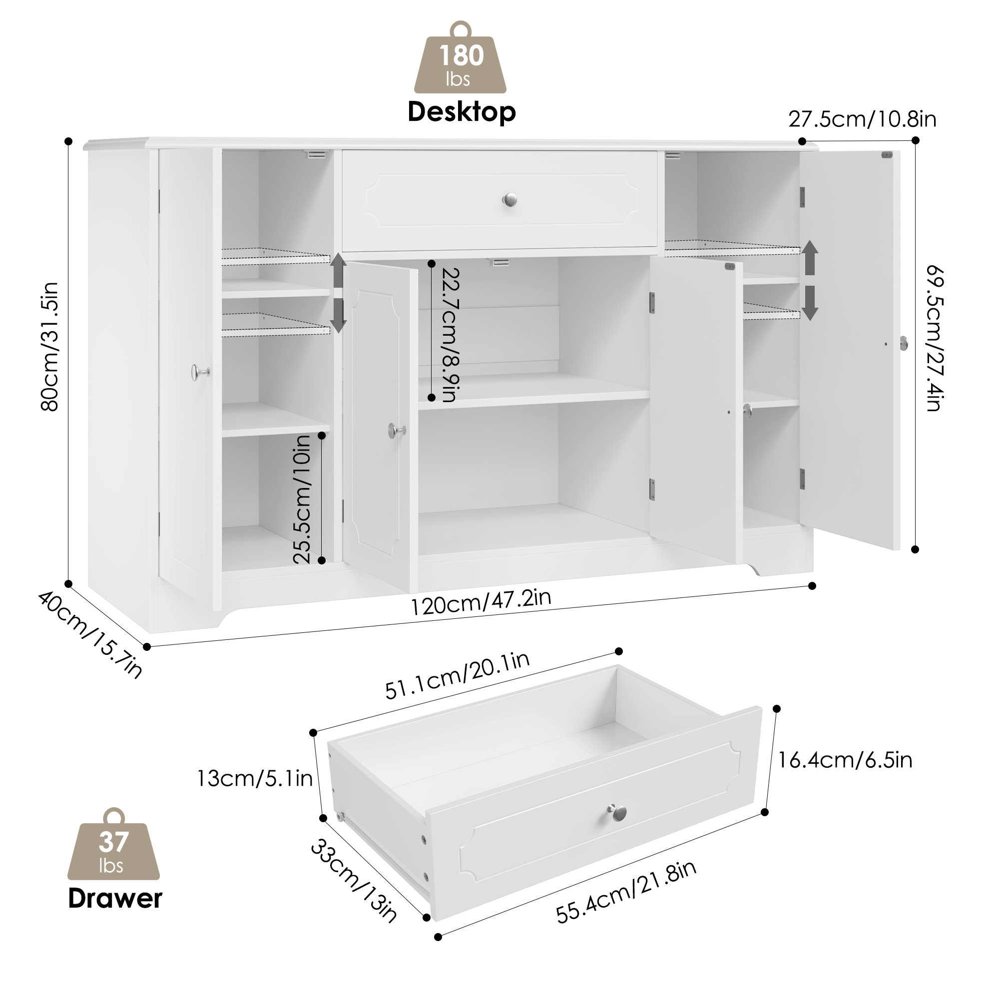 Hiphuta 47.2"W Kicthen Sideboard Buffet with 1 Drawer & 4 Doors, Storage Cabinet with Adjustable Shelves, White