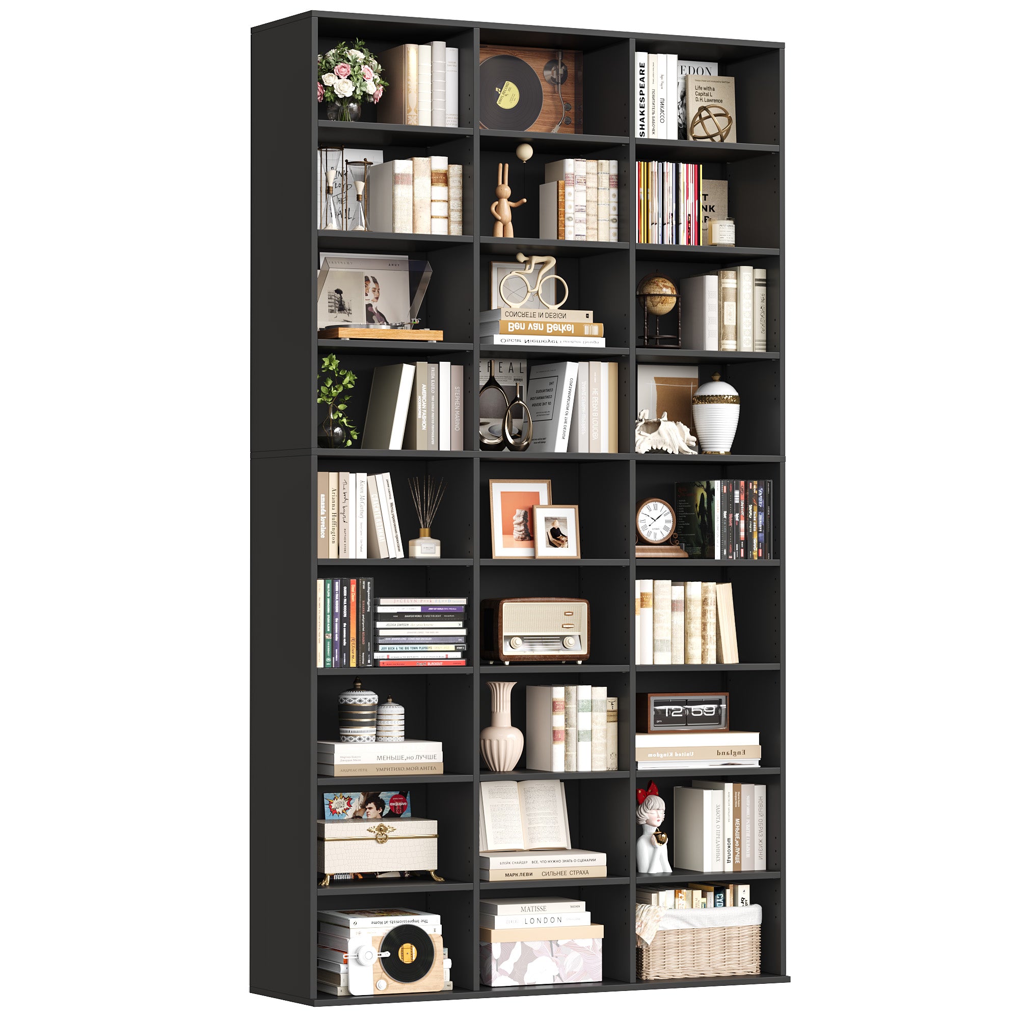 Hiphuta 27-Cube 9-Tier Bookcase, 75" Tall Triple-Wide CD Media Storage Organizer with 15 Adjustable Shelves, Freestanding Display Shelf, Black