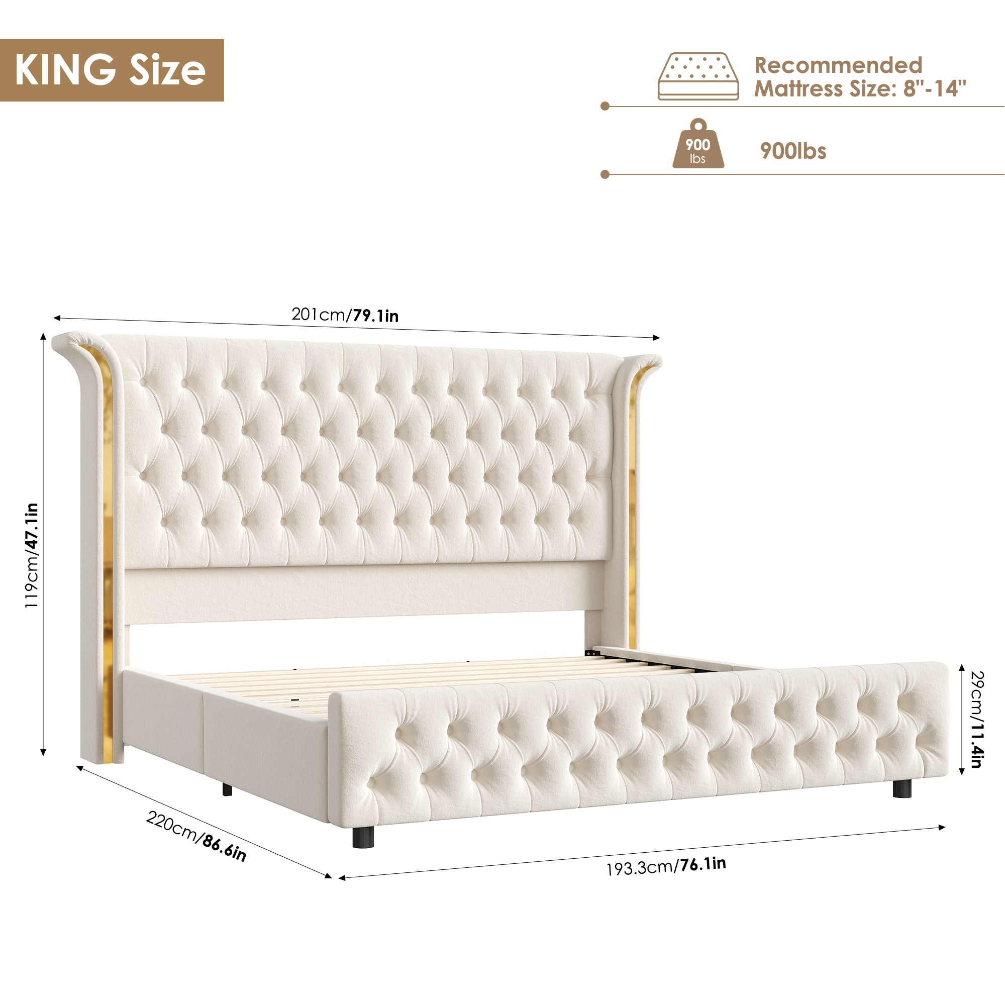 Hiphuta Queen Bed with LED Light, Cama Queen Platform Bed with Button Tufted Velvet Upholstered Headboard, White