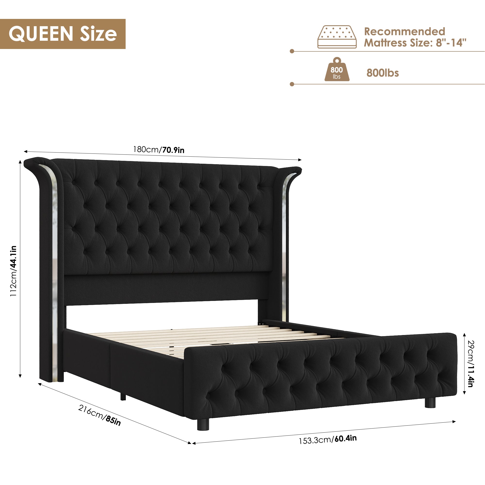 Hiphuta Queen Bed with LED Light, Cama Queen Platform Bed with Button Tufted Velvet Upholstered Headboard, Black