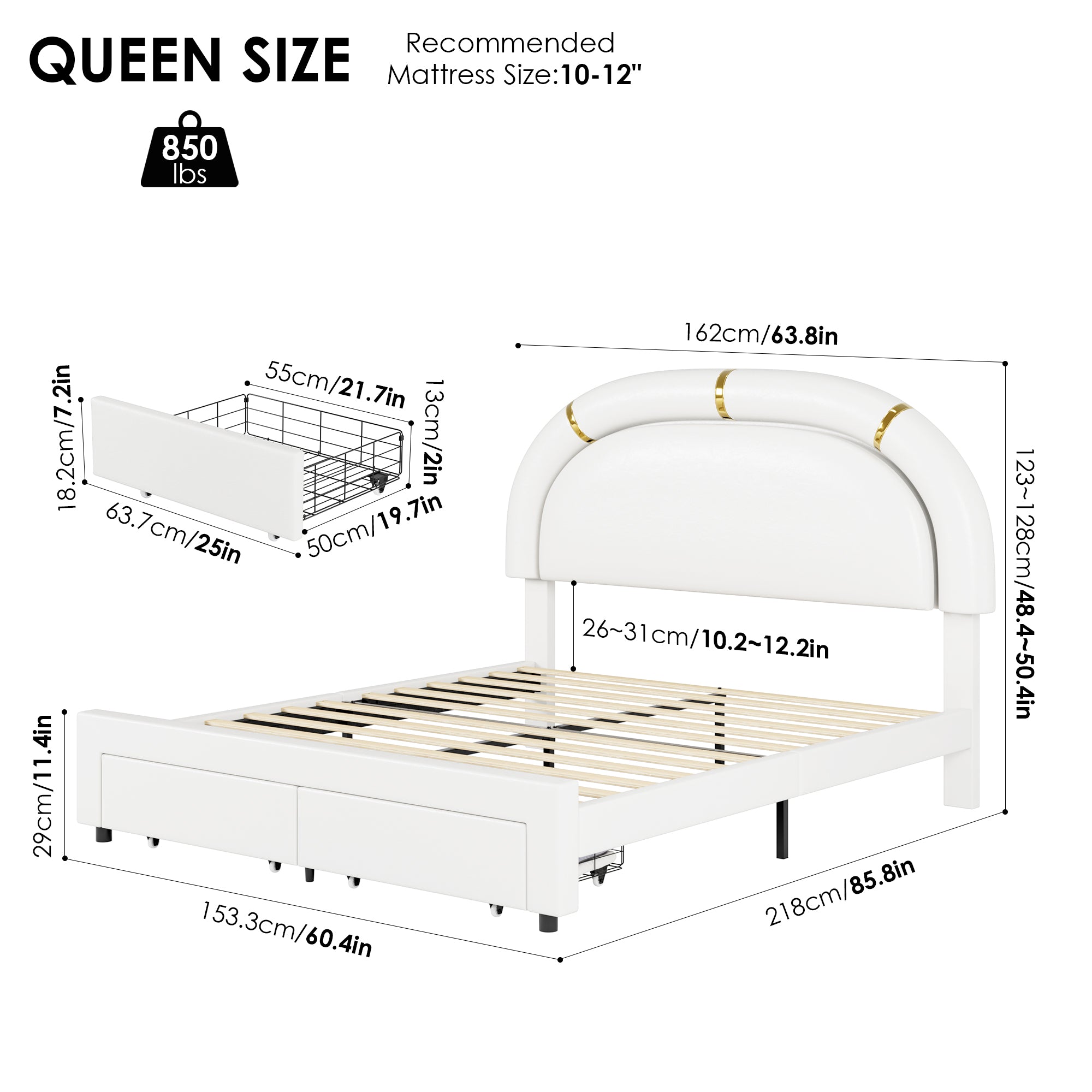 Hiphuta Queen Kids Bed Frame with 2 Storage Drawers, LED Bed with Adjustable Headboard, Modern PU Upholstered, White