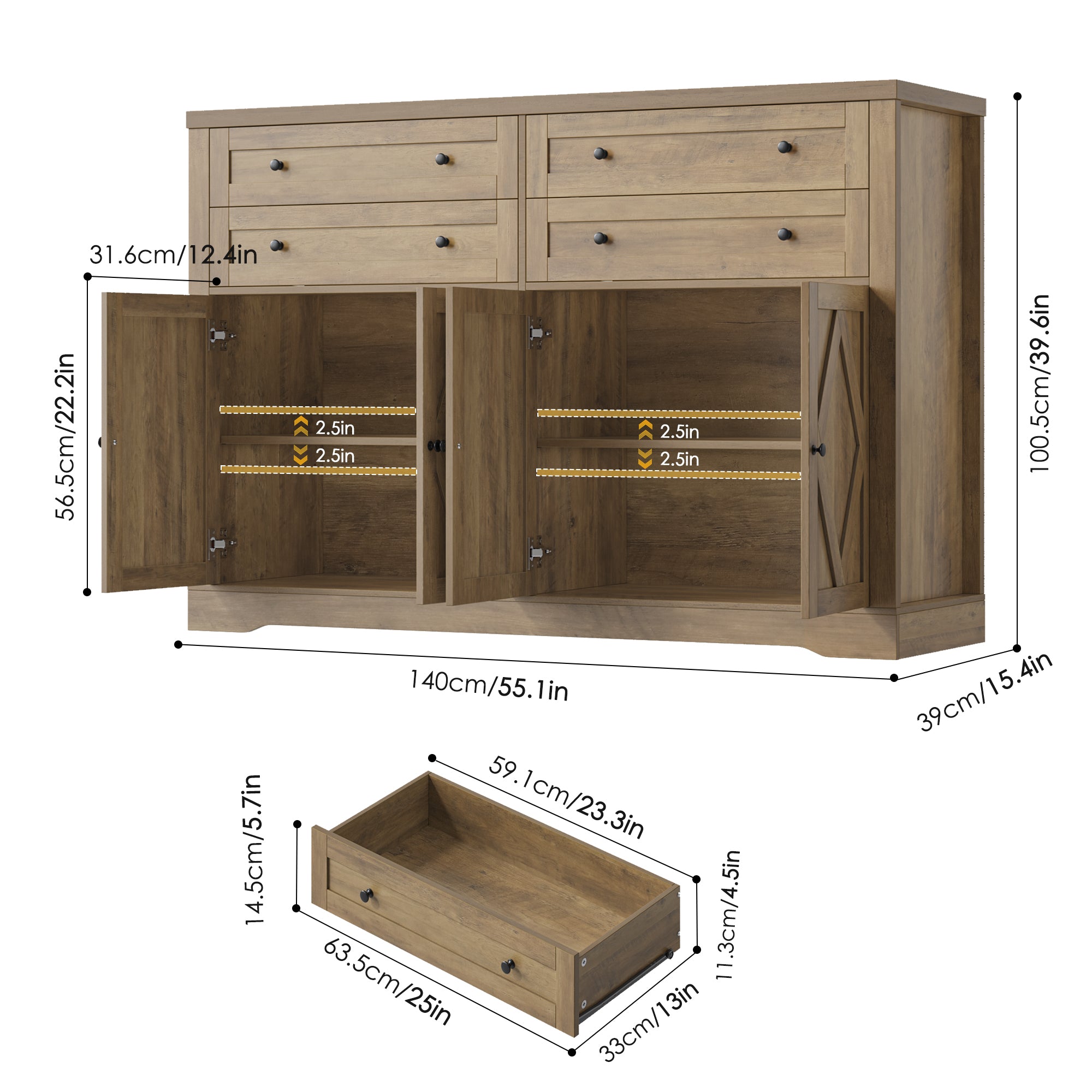 Hiphuta 55" Wide Farmhouse Buffet Storage Cabinets with 2 Adjustable Shelves & 4 Drawers for Living Room, Rustic Brown