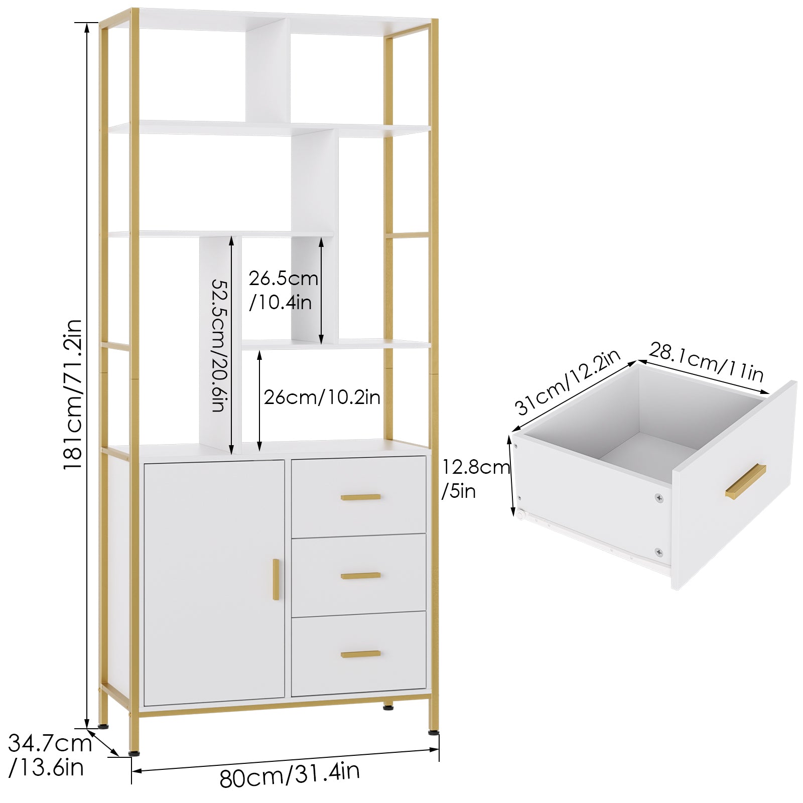 Hiphuta 71.2"H Bookshelf with 3 Drawers and 1 Door, Standard Tall Wood Bookcase for Home Office, White