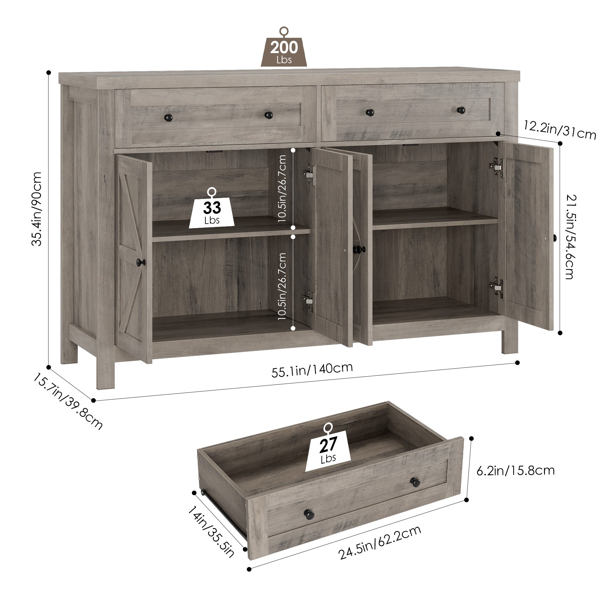 Hiphuta 55.1" Modern Sideboard Buffet, Credenza Storage Cabinets with Adjustable Shelf, 4-Doors & 2-Drawers, Ash Gray