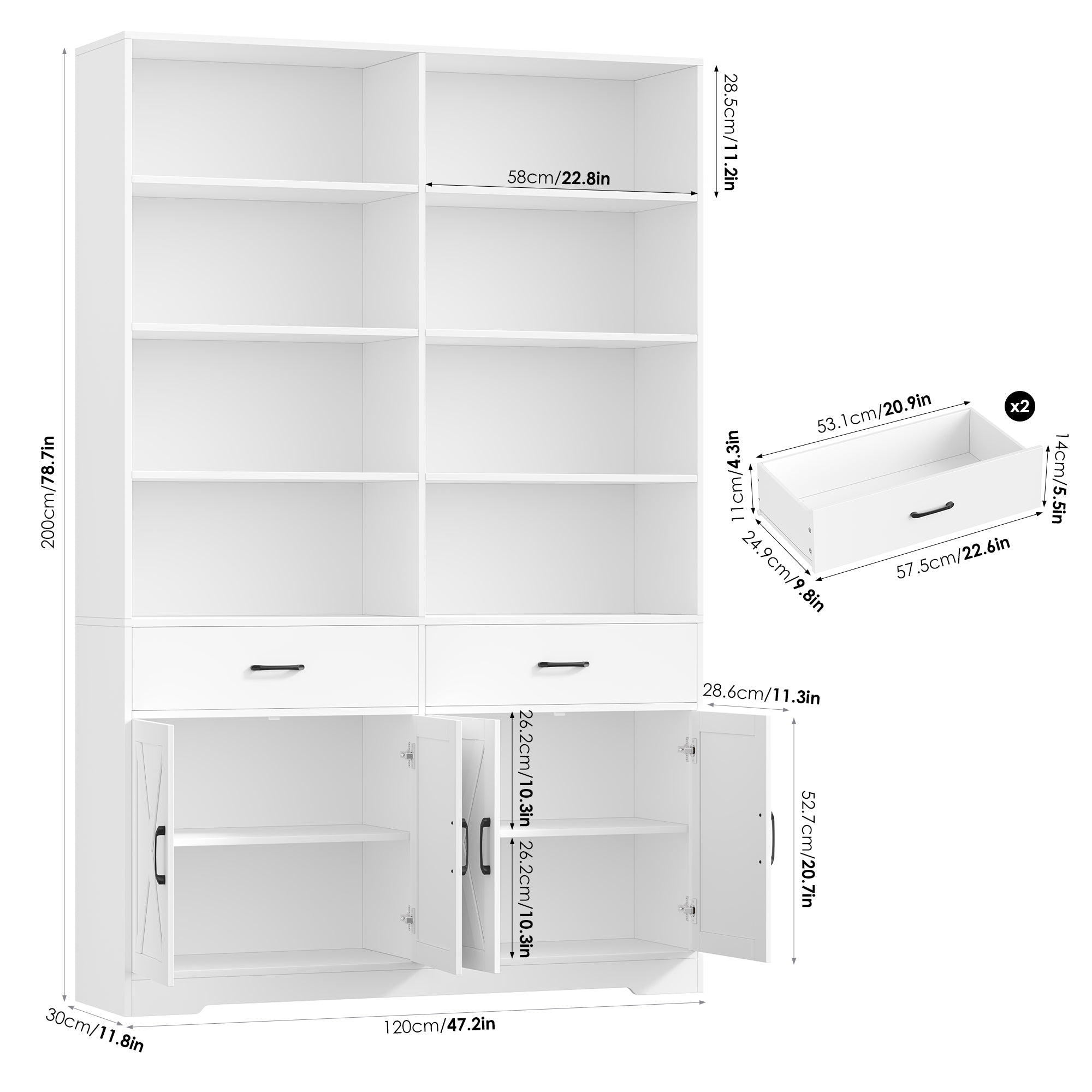 Hiphuta Bookcase with 3 Drawers, Large Farmhouse Bookshelf and Bookcase with Cabinet, White