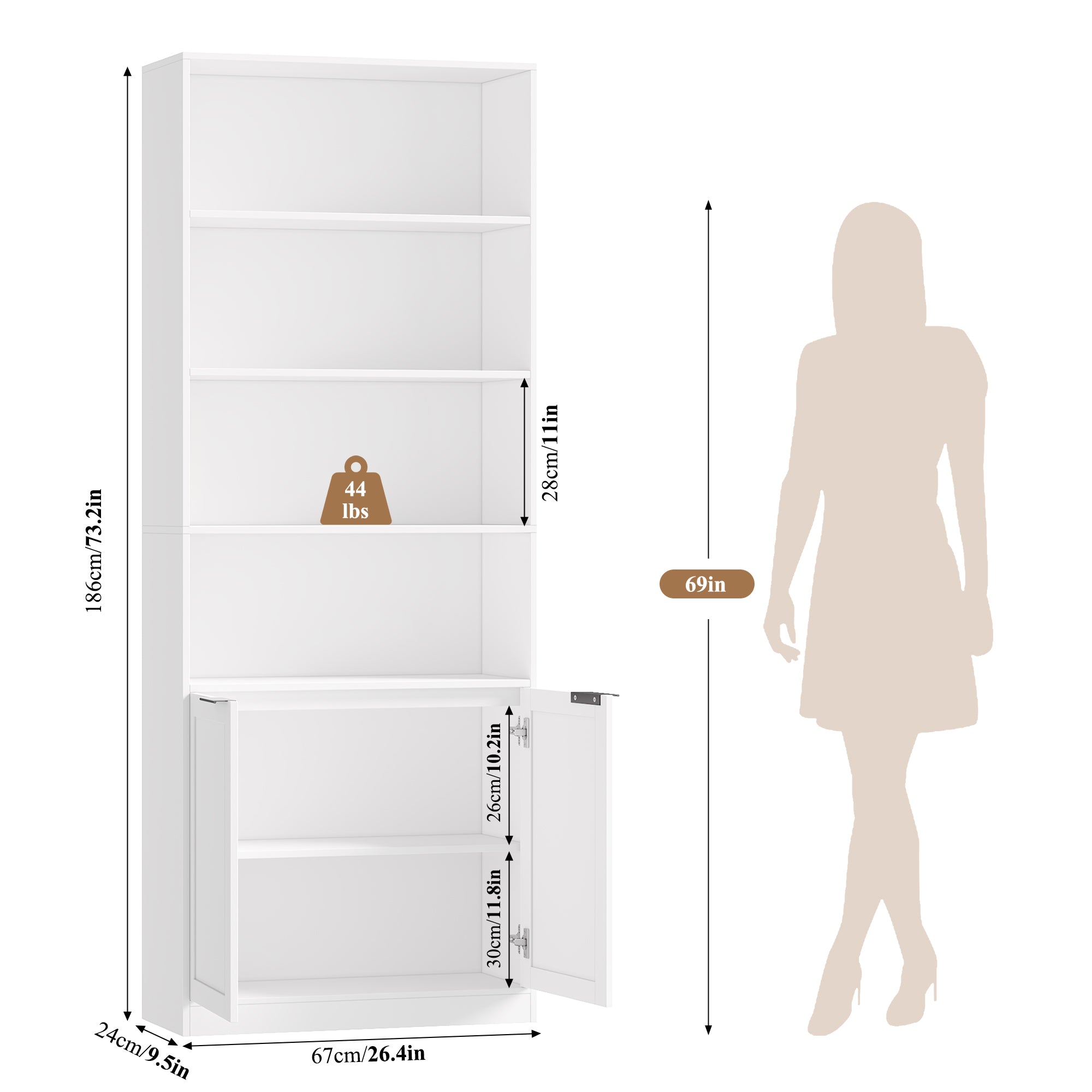 Hiphuta 73" Tall 6-Tier Narrow Bookcase, 26" Wide Minimalist Single Row Bookshelf with 2 Doors and 4 Open Shelves, for Office Living Room, White