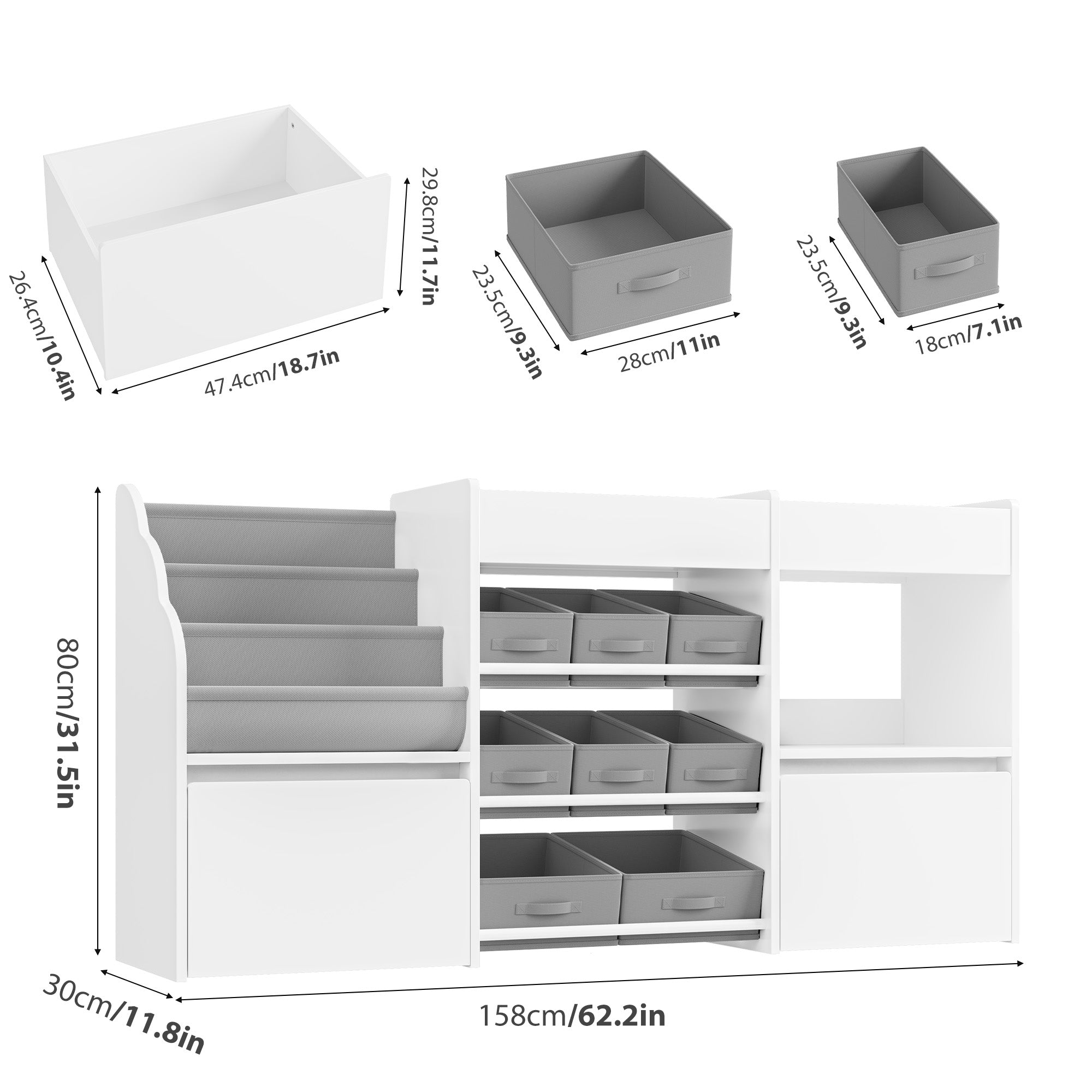 Hiphuta 62” Wide Kids Bookcase with Toy Storage Organizer, Wood Toy Organizer of 8 Fabric Boxes & 2 Removable Drawers, White