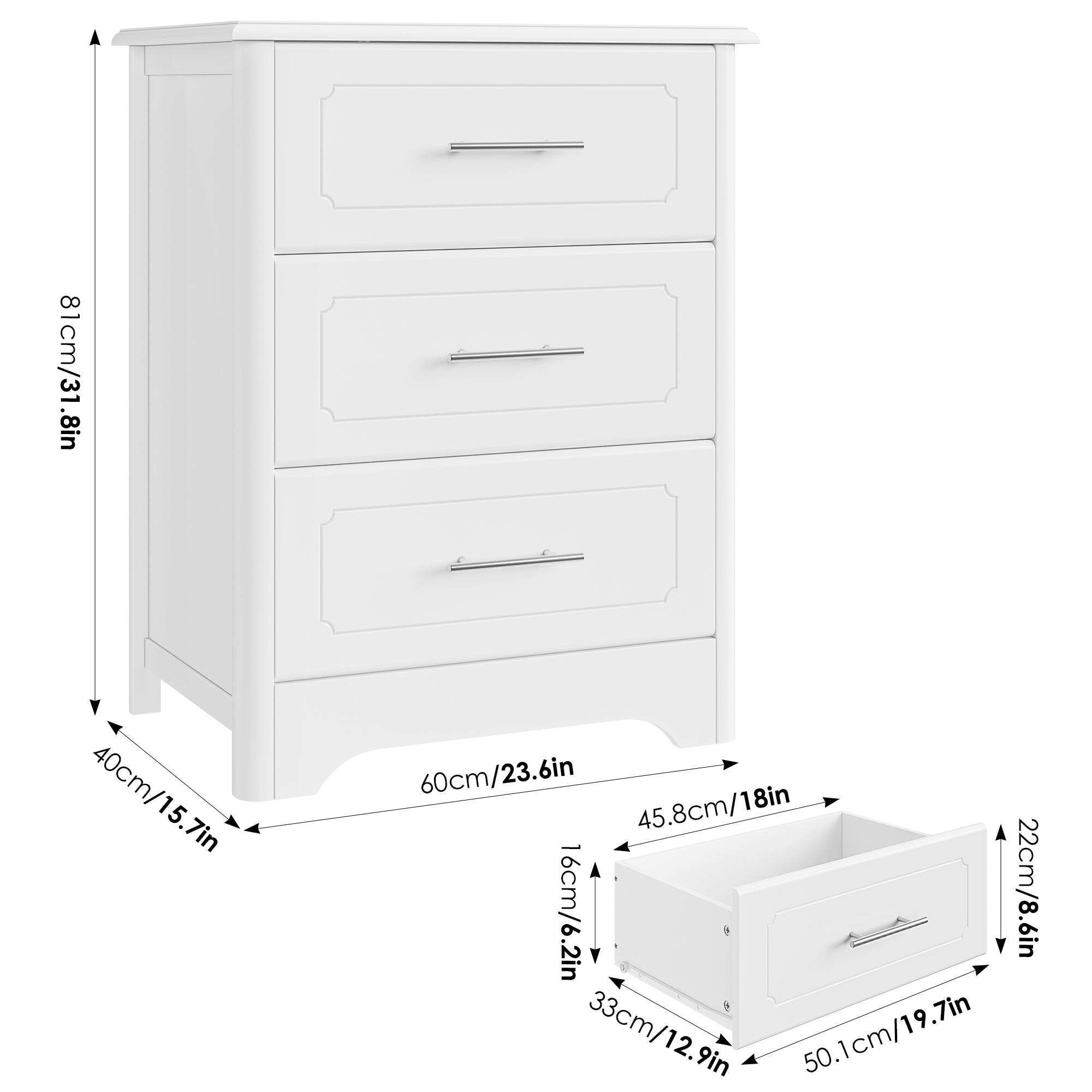 Hiphuta Modern Dresser with 3 Drawers & Metal Handle for Bedroom Living Room, White