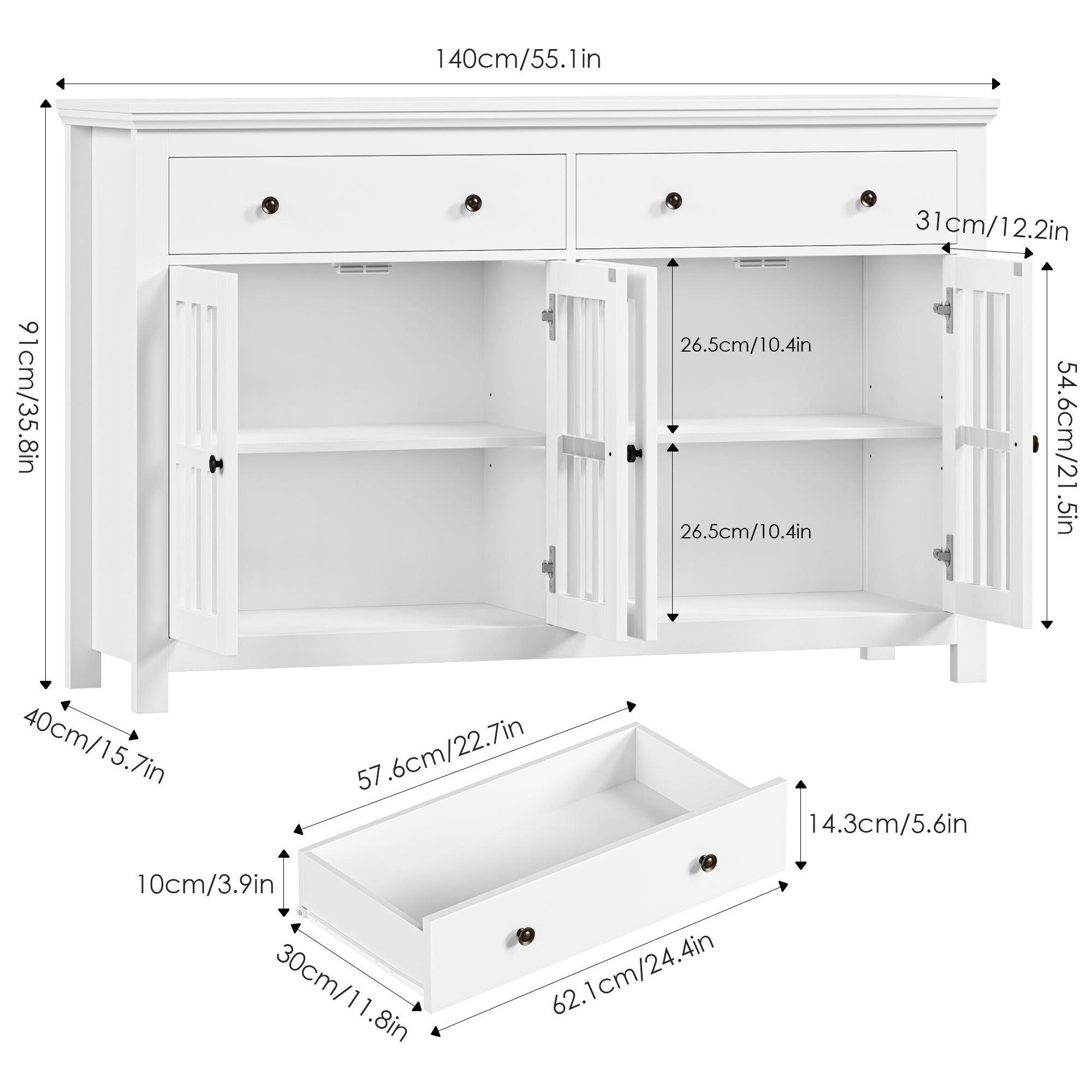 Hiphuta 55” Large Modern Buffet Sideboard, Kitchen Pantry Storage Cabinet with Glass Doors &amp; 2 Large Drawers, White